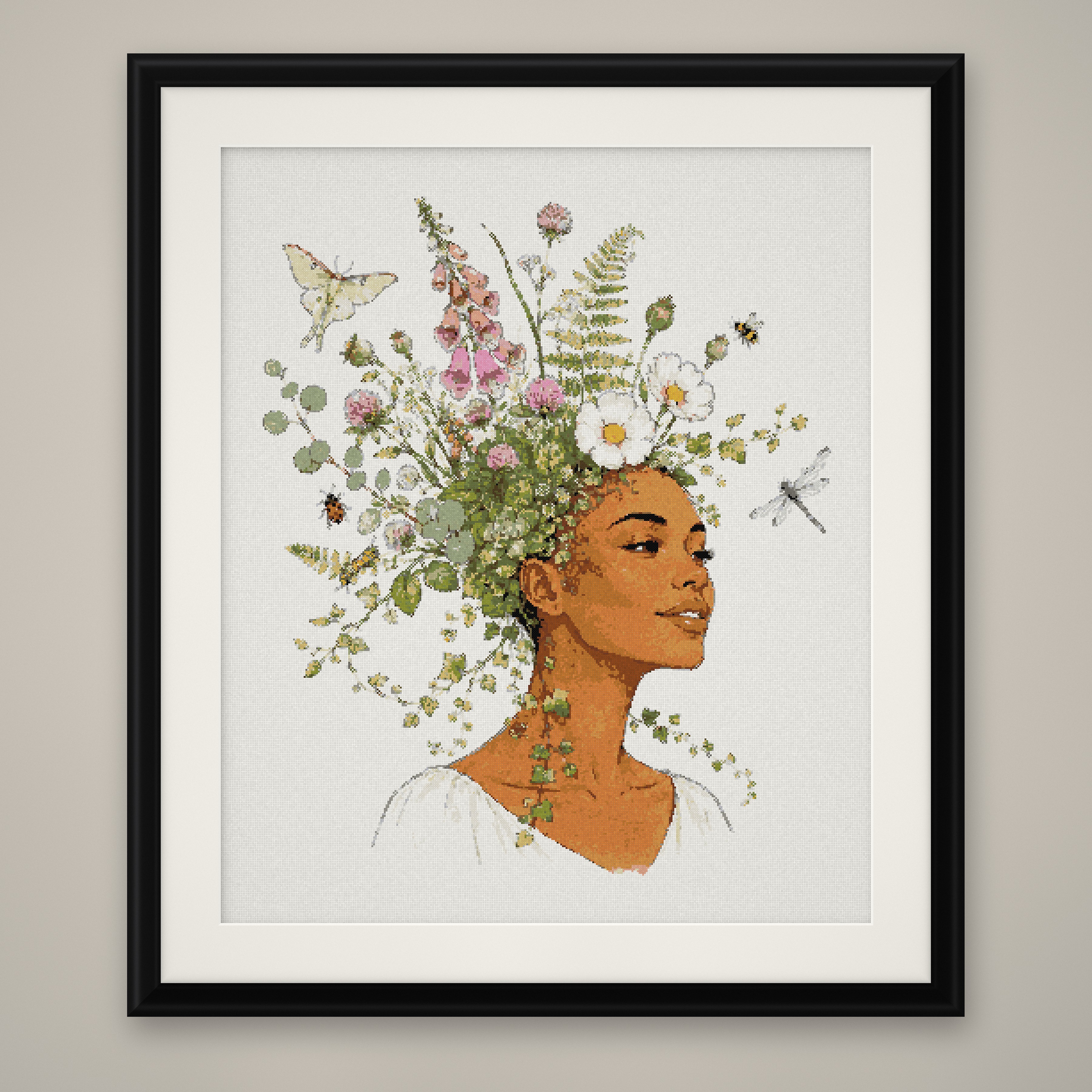 Floral Hair Woman Cross Stitch Pattern, Wildflower Portrait PDF