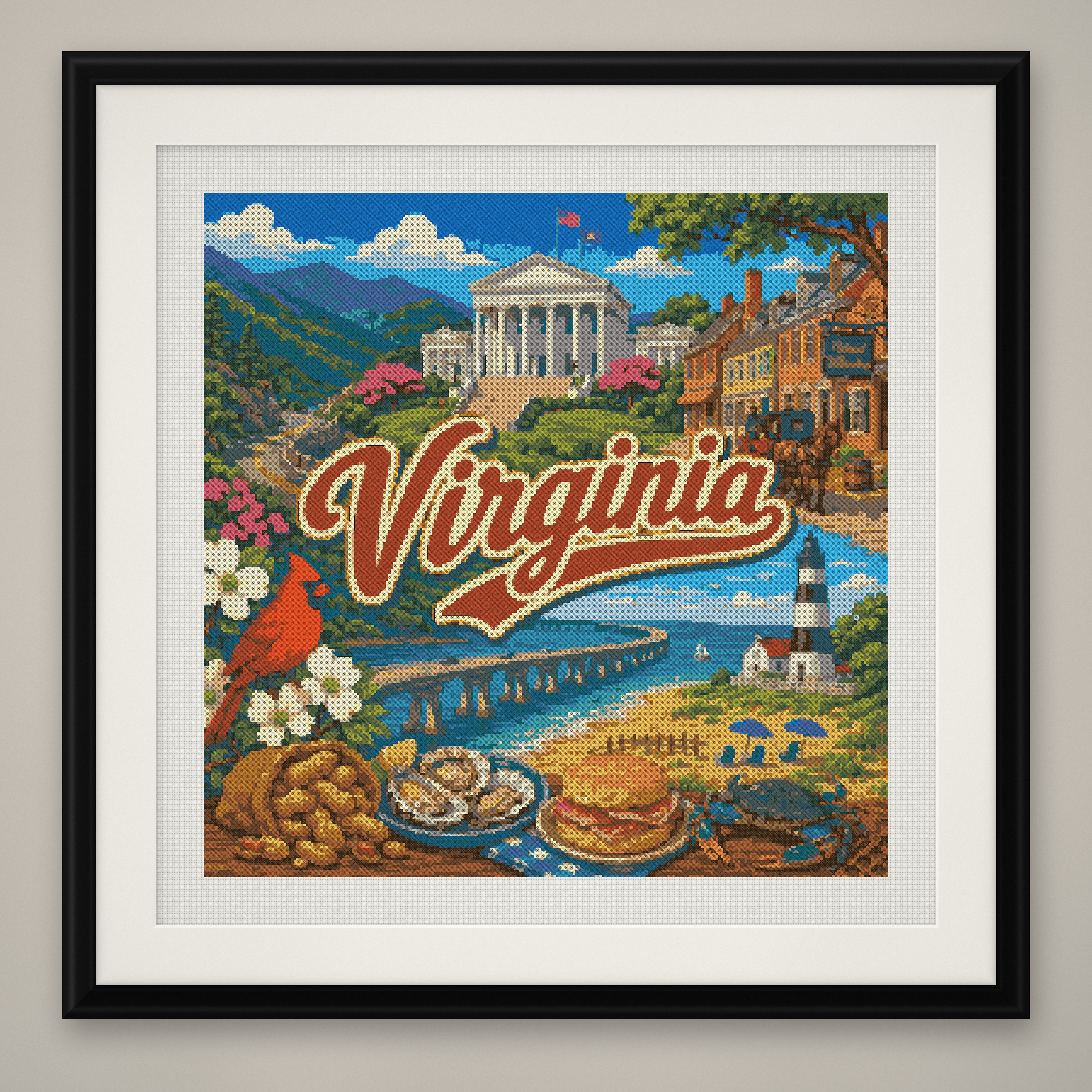Virginia State Cross Stitch Pattern, Colonial Travel Souvenir PDF