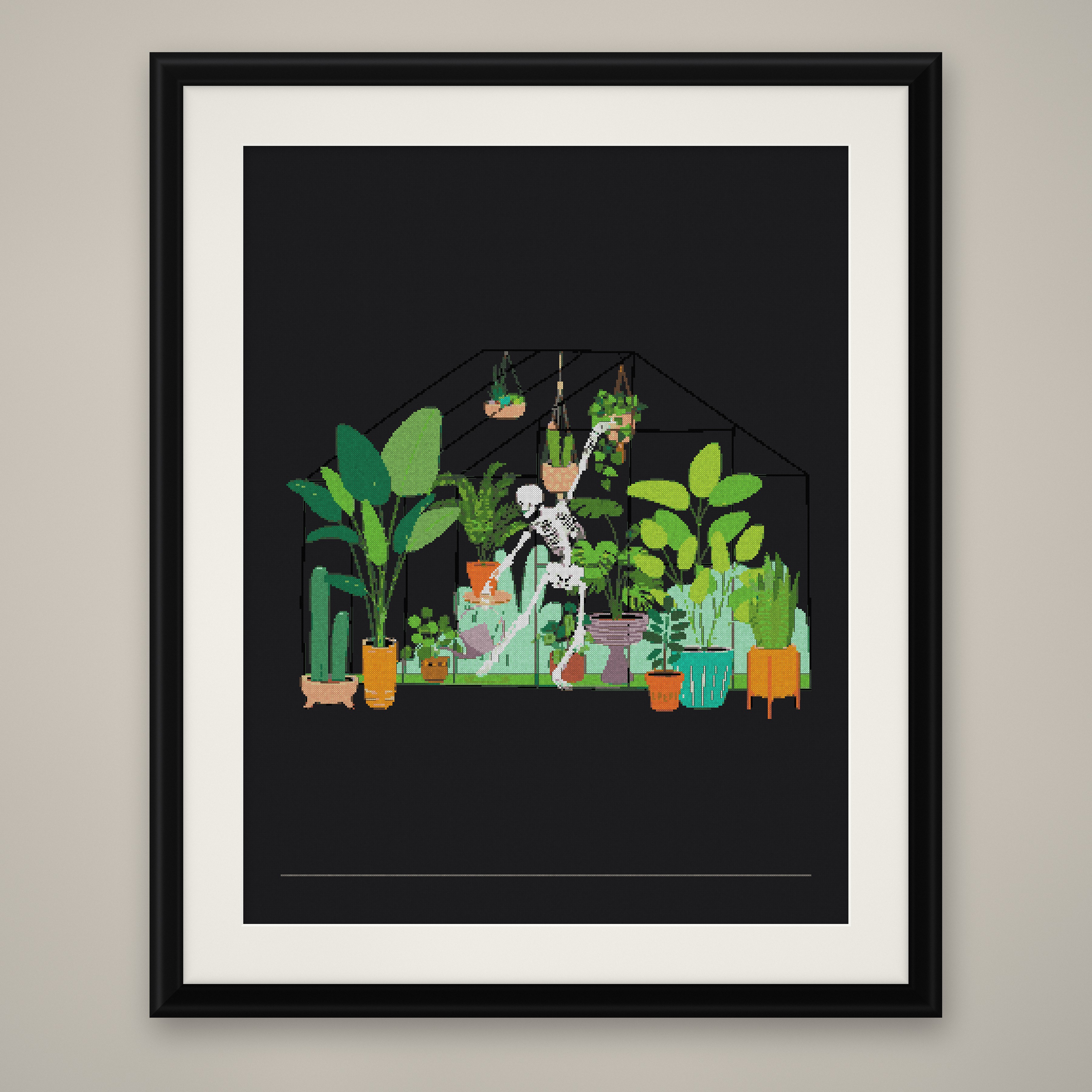 Skeleton Garden Cross Stitch Pattern, Houseplant Goth Black PDF