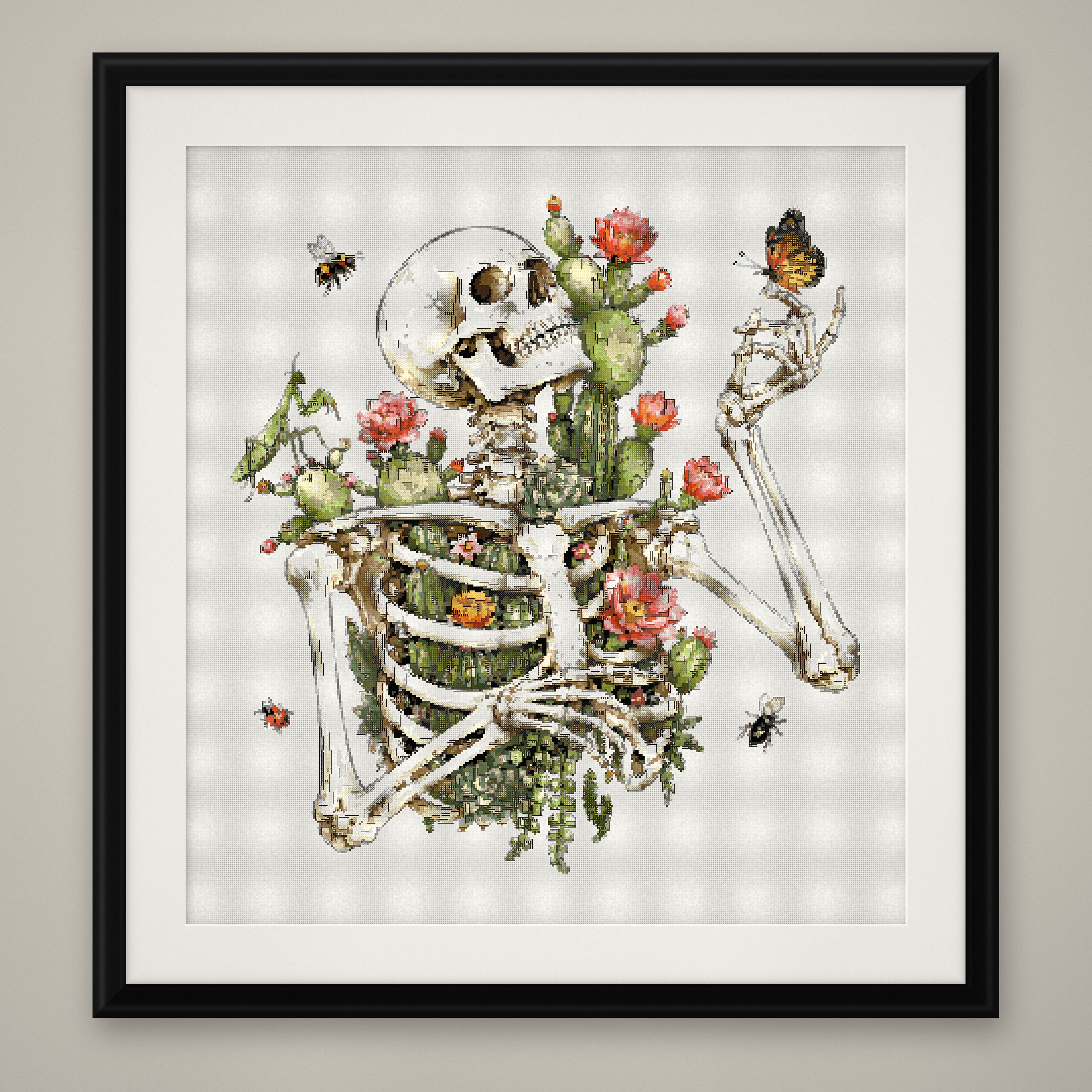 Wildflower Skeleton Cross Stitch Pattern, Cactus Bloom Goth Botanical PDF