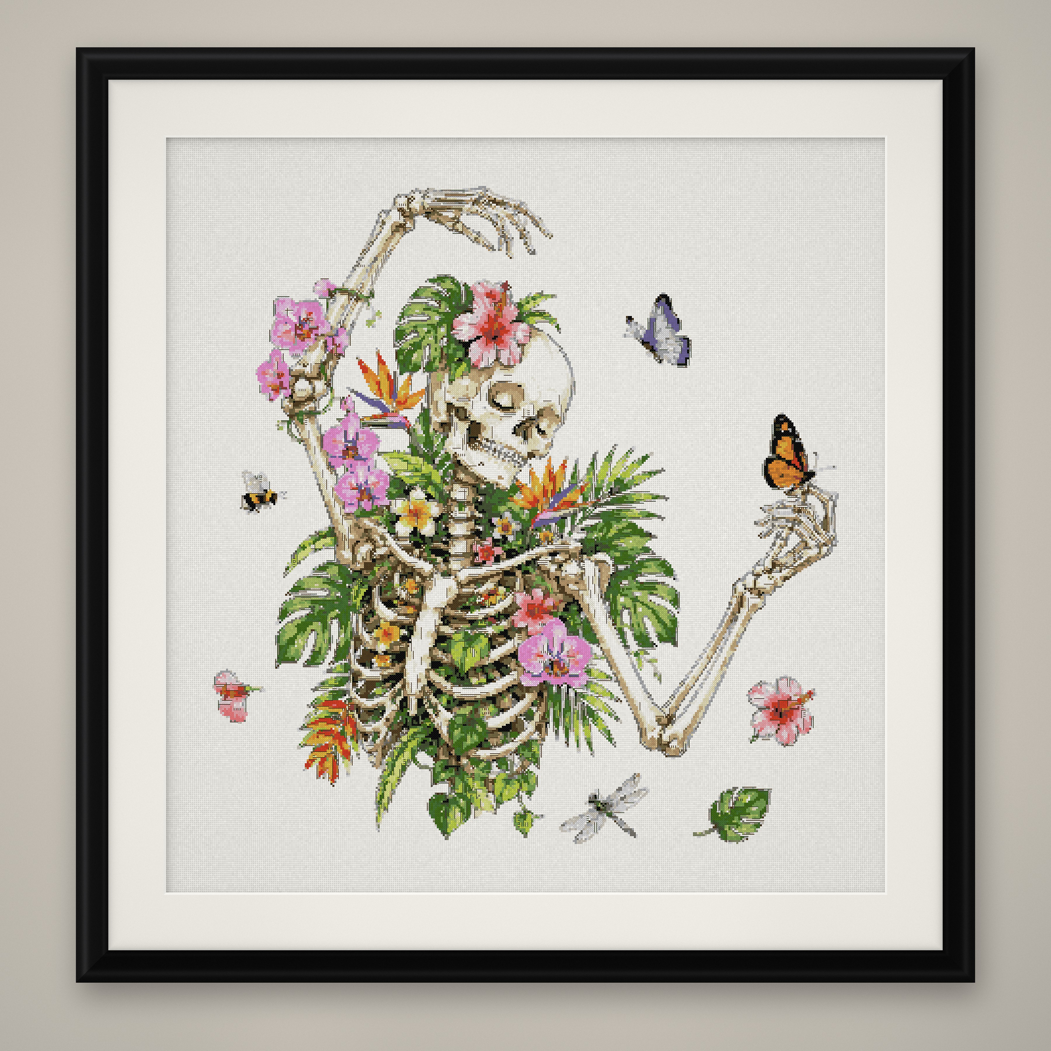Floral Skeleton Cross Stitch Pattern, Flower Butterfly Goth Nature PDF