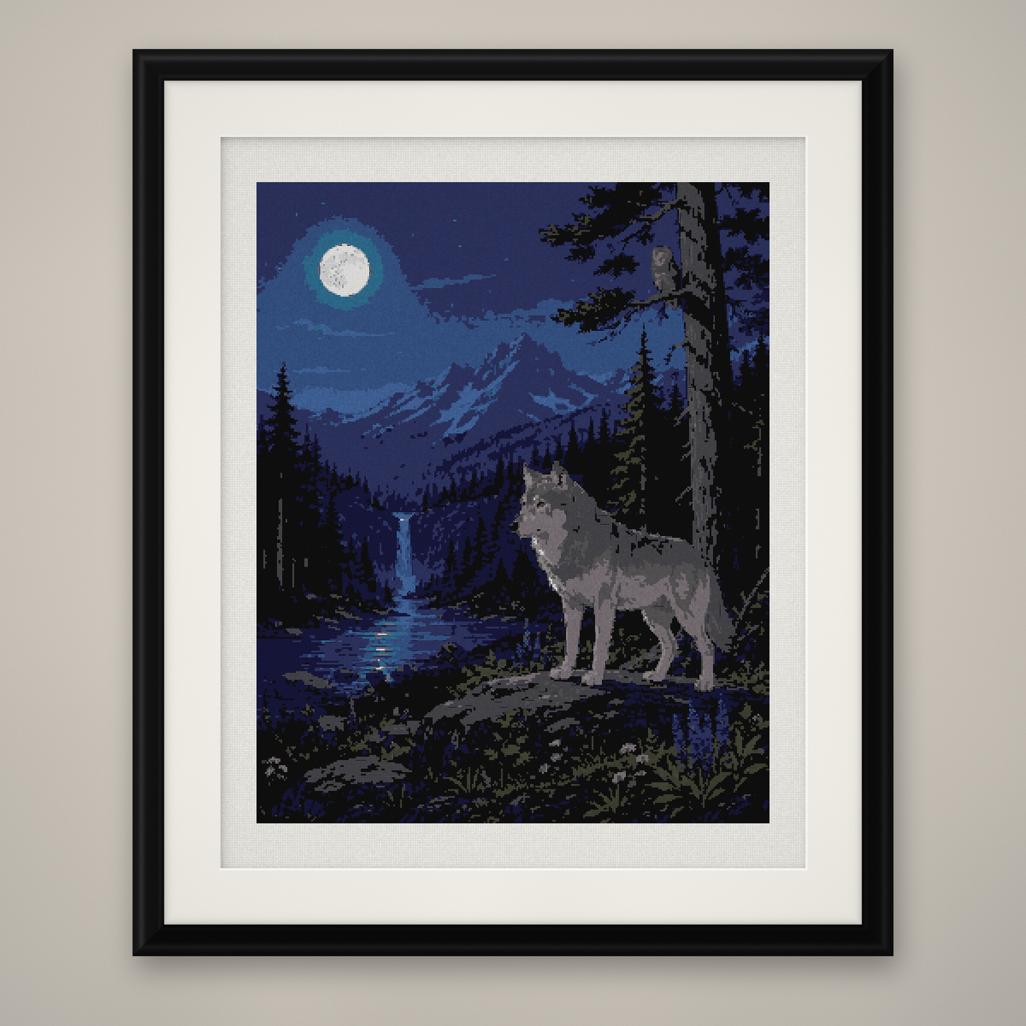 Wolf Waterfall Cross Stitch Pattern, Full Moon Mountain Night Wild PDF