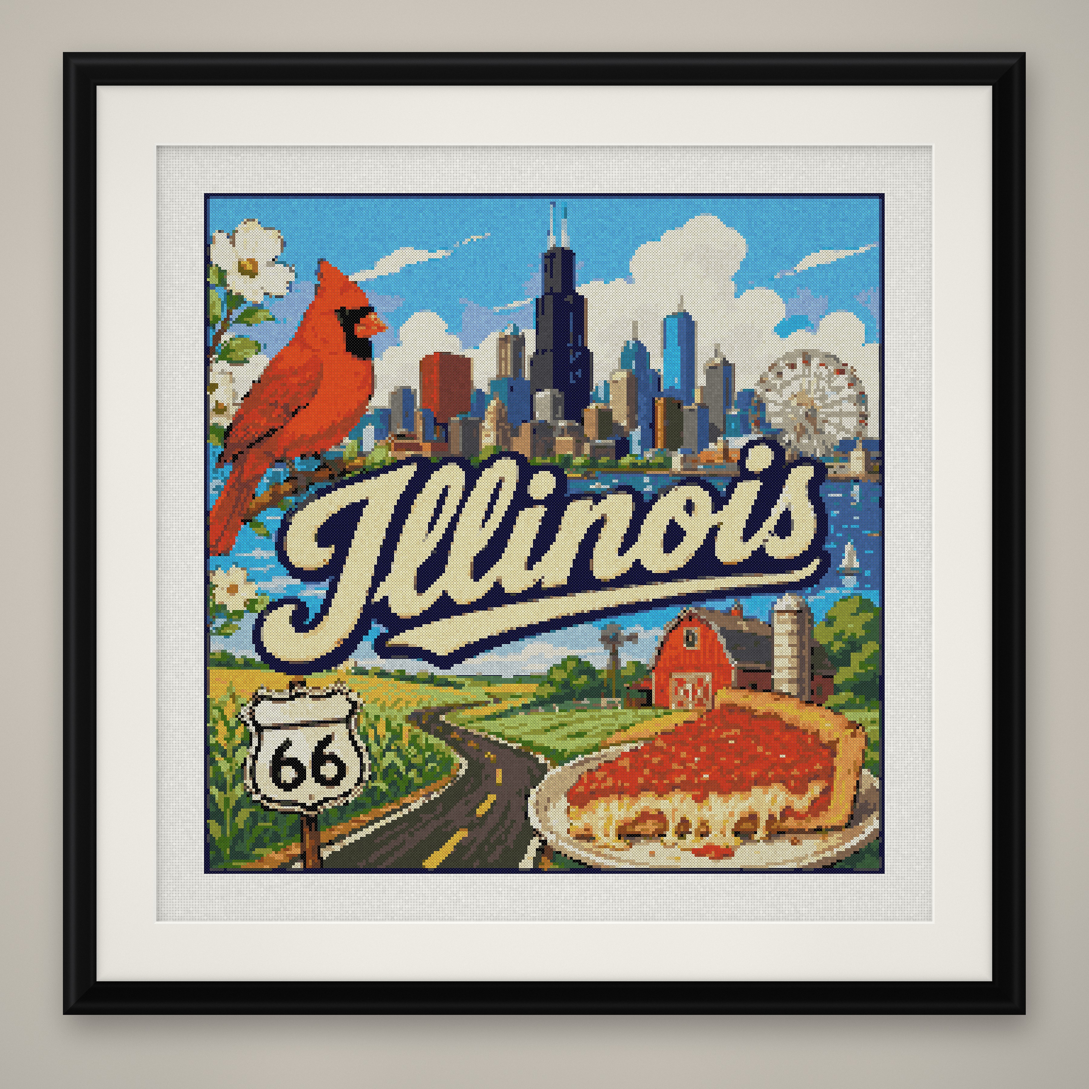 Illinois State Cross Stitch Pattern, Vintage Travel Poster Souvenir PDF