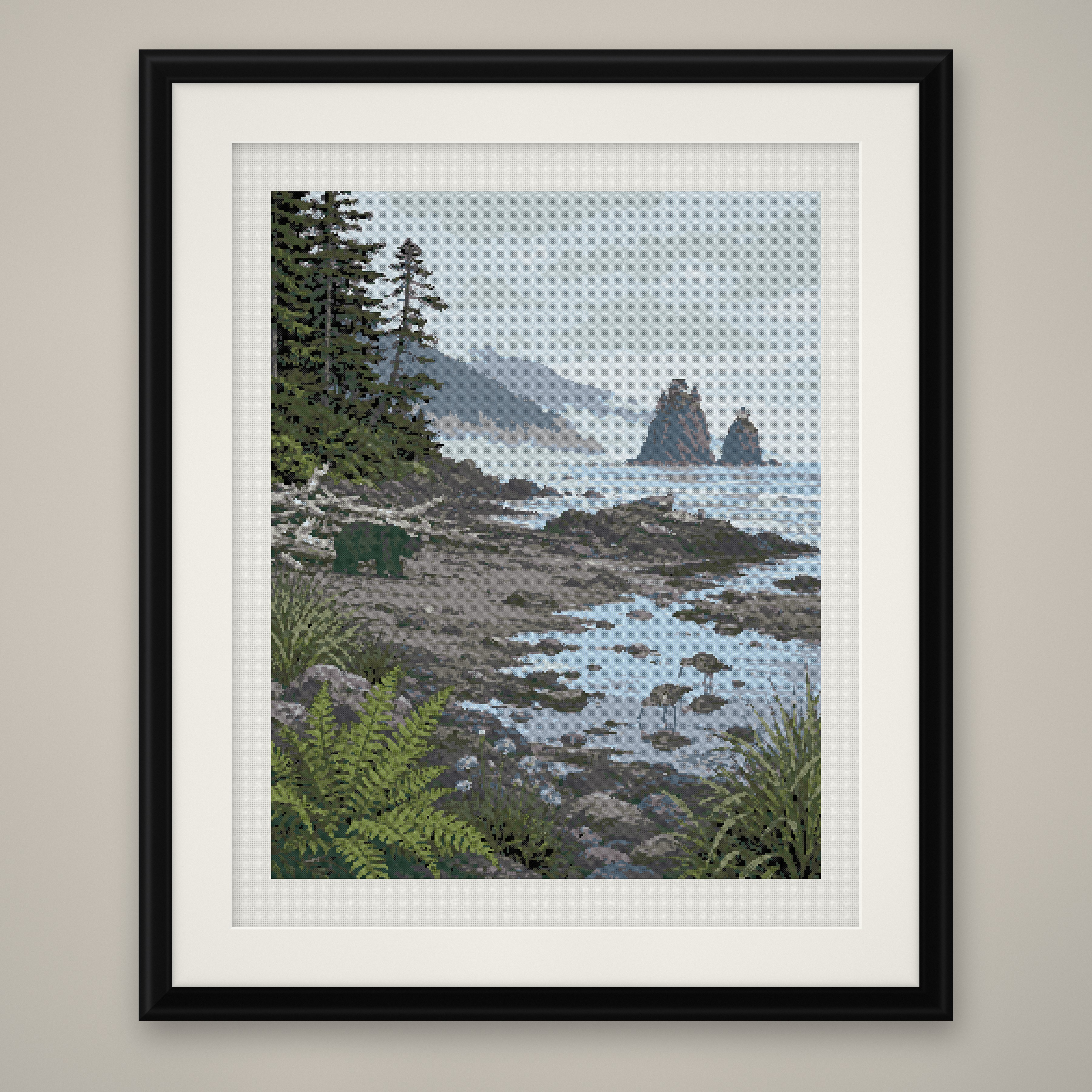 Coastal Black Bear Cross Stitch Pattern, Pacific Sea Stack Shore PDF