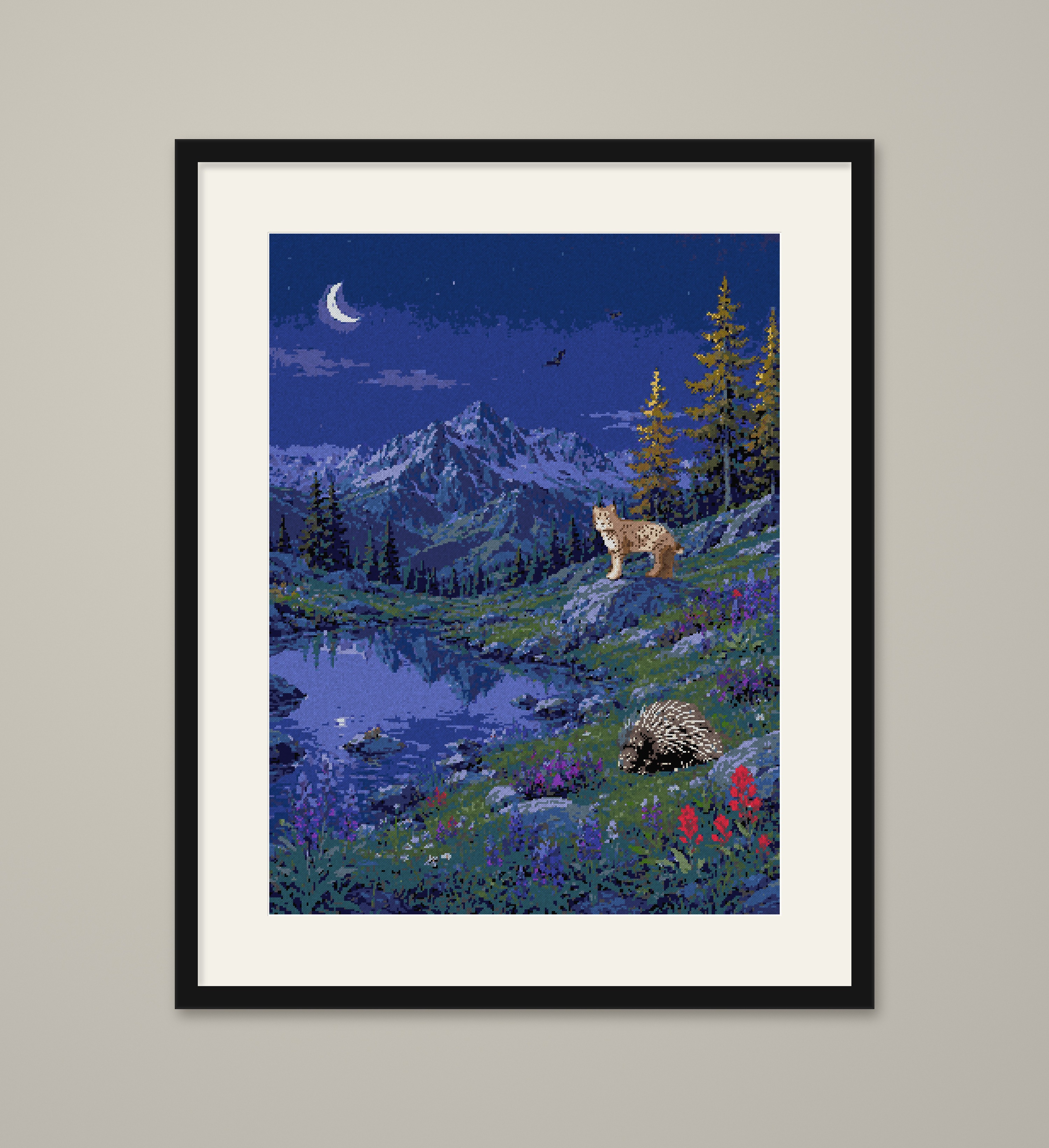 Mountain Night Cross Stitch Pattern, Crescent Moon Lake Pine PDF