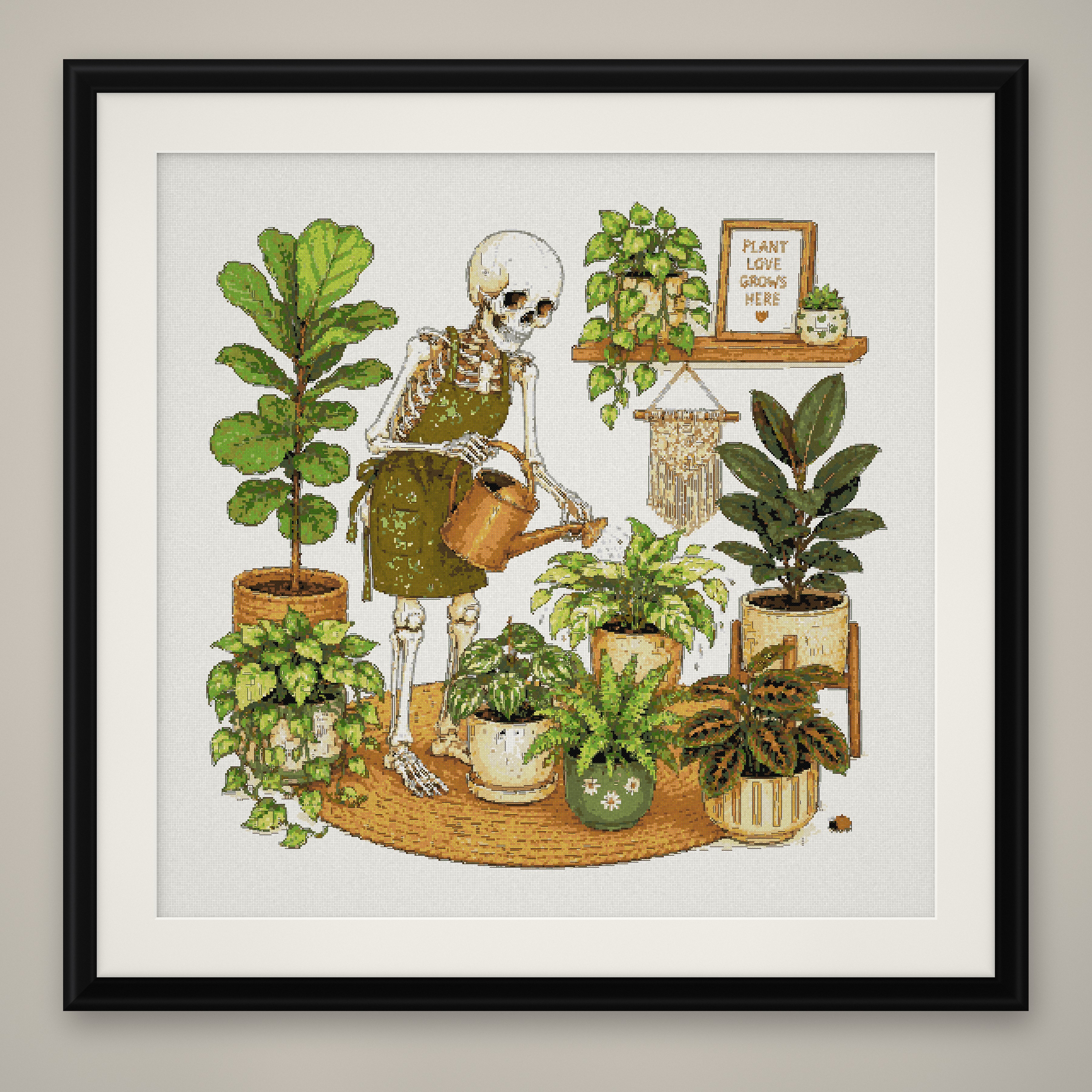 Plant Lady Skeleton Cross Stitch Pattern, Houseplant Goth Humor PDF
