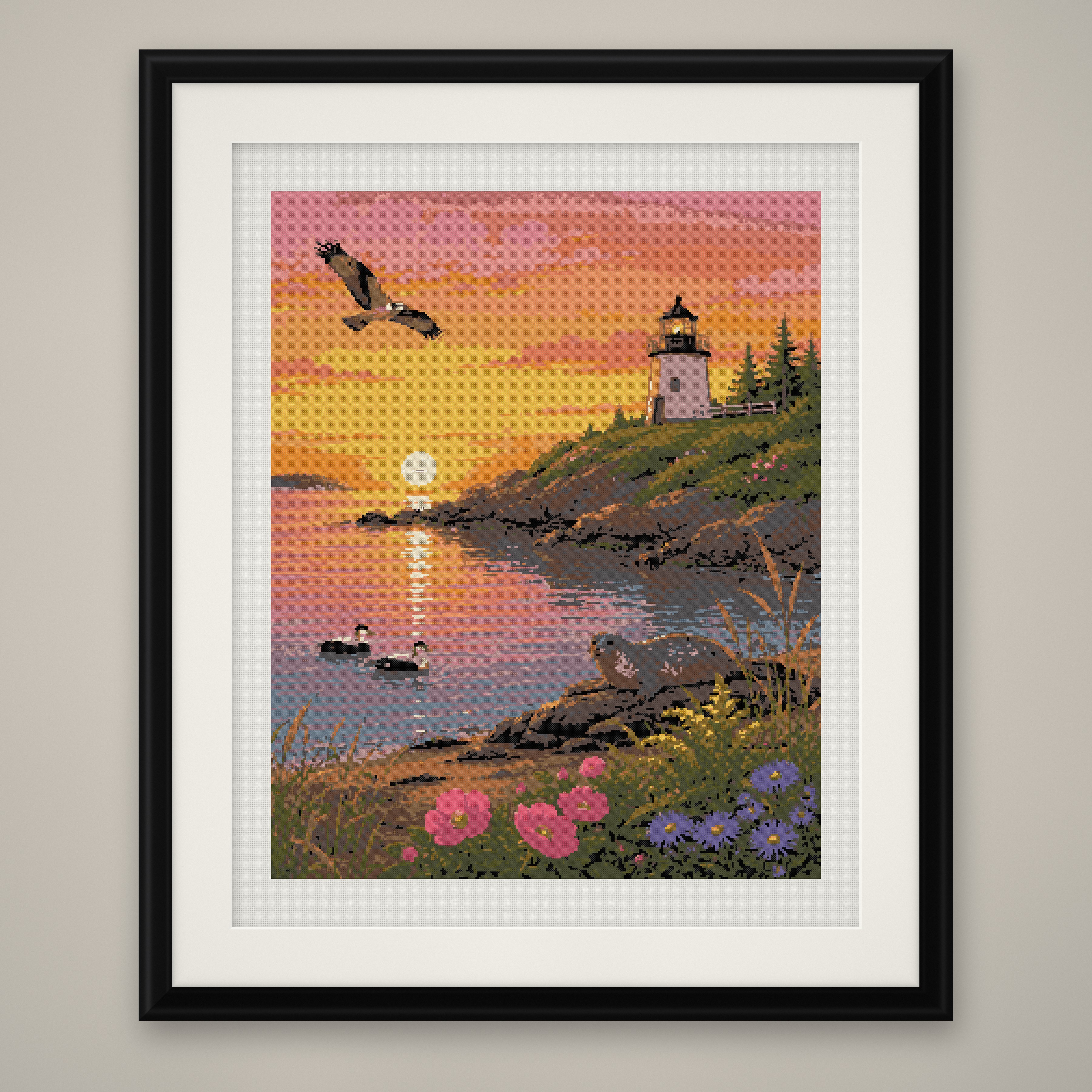 Lighthouse Sunset Cross Stitch Pattern, Coastal Rocky Shore Bird PDF