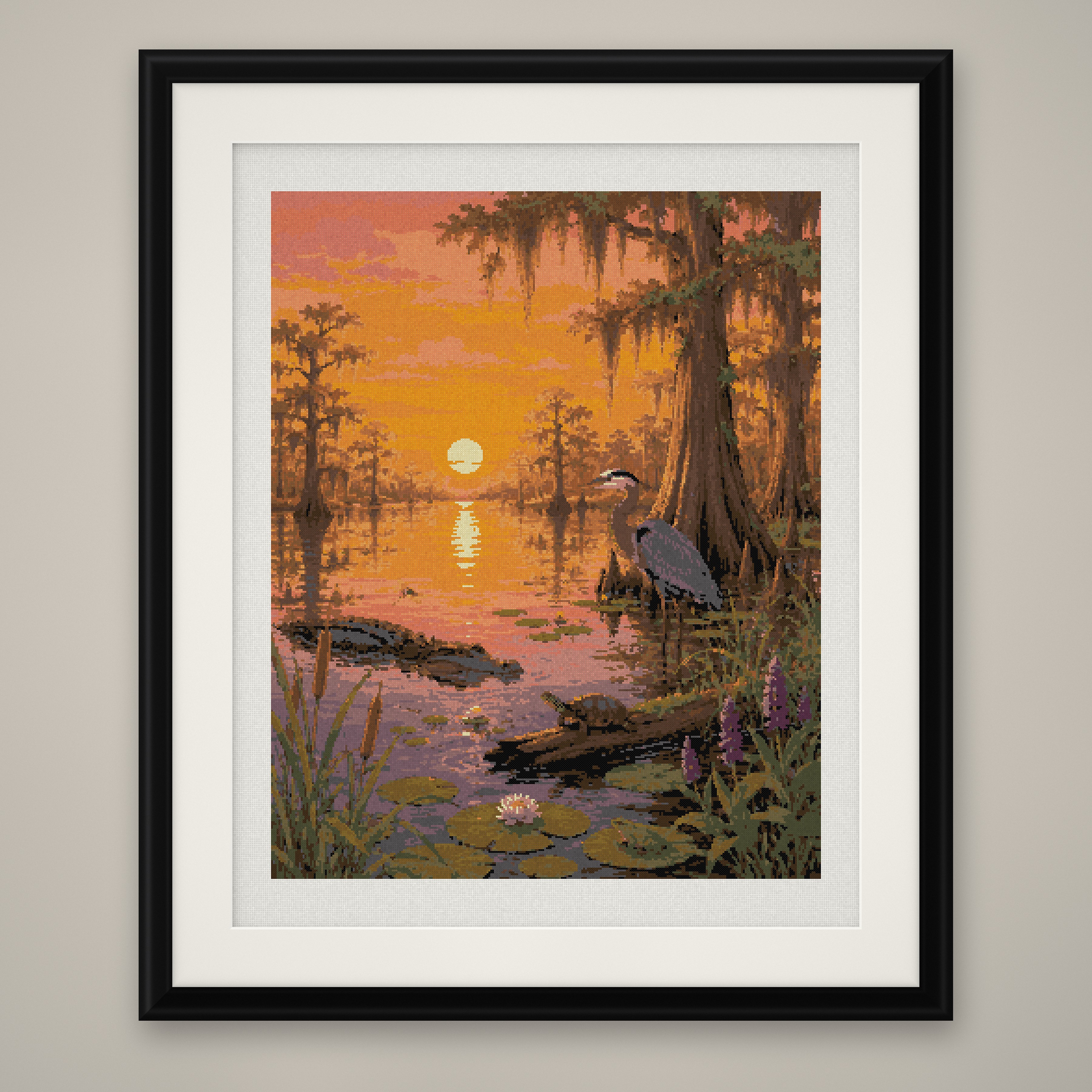 Bayou Sunset Cross Stitch Pattern, Heron Cypress Swamp Landscape PDF