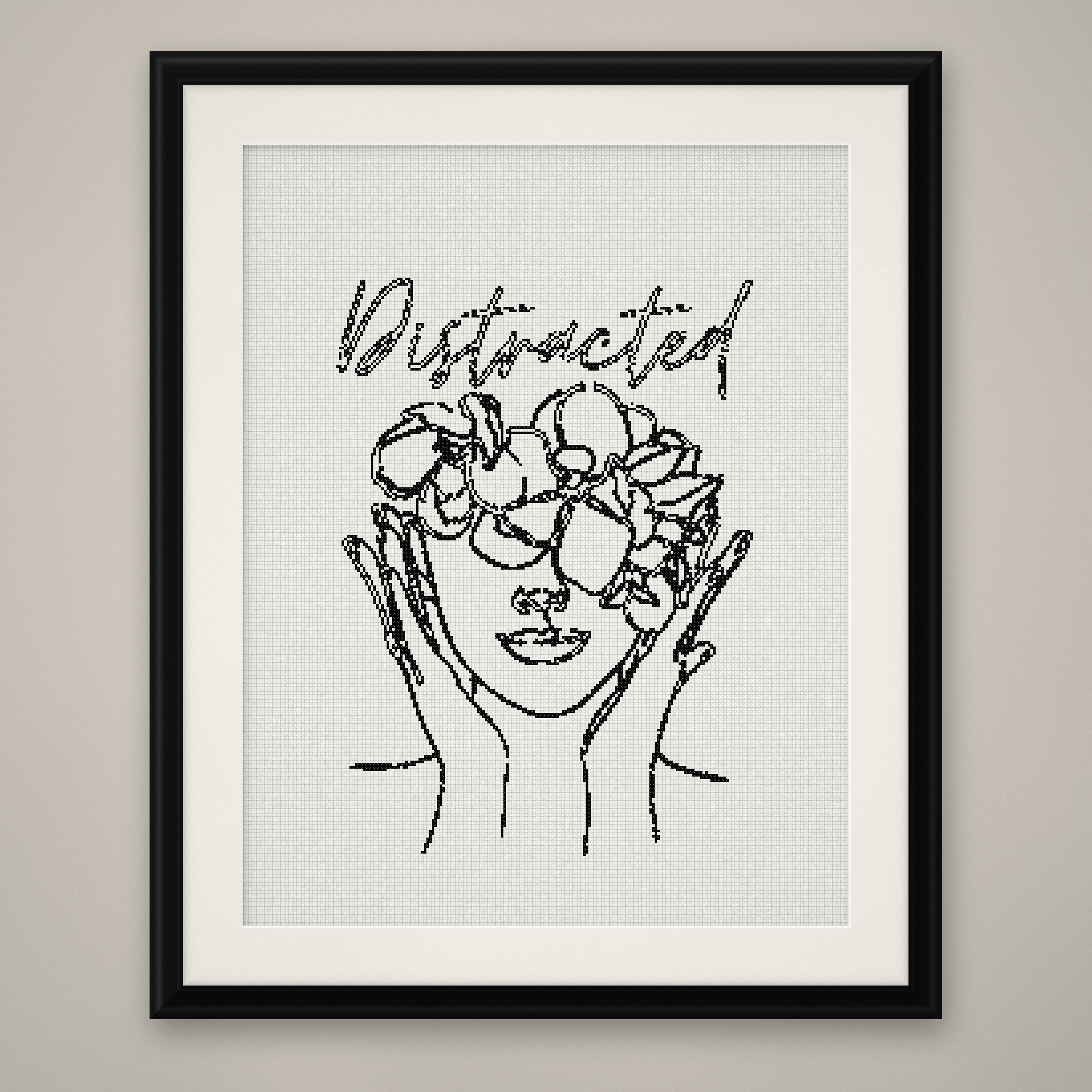 Distracted Cross Stitch Pattern, Minimalist Floral Line Art Woman PDF