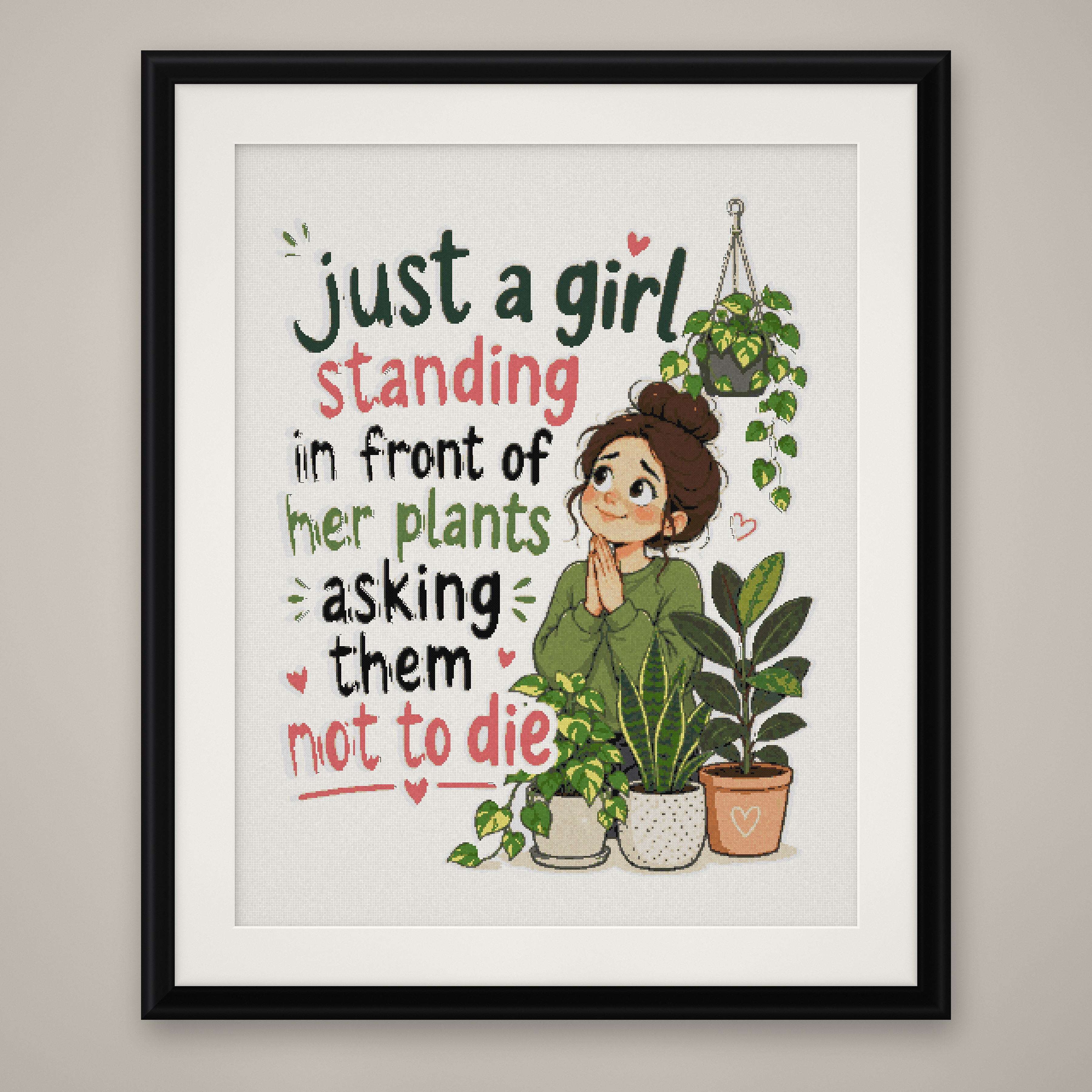 Just a Girl and Her Plants Cross Stitch Pattern, Plant Lady Wall Art PDF