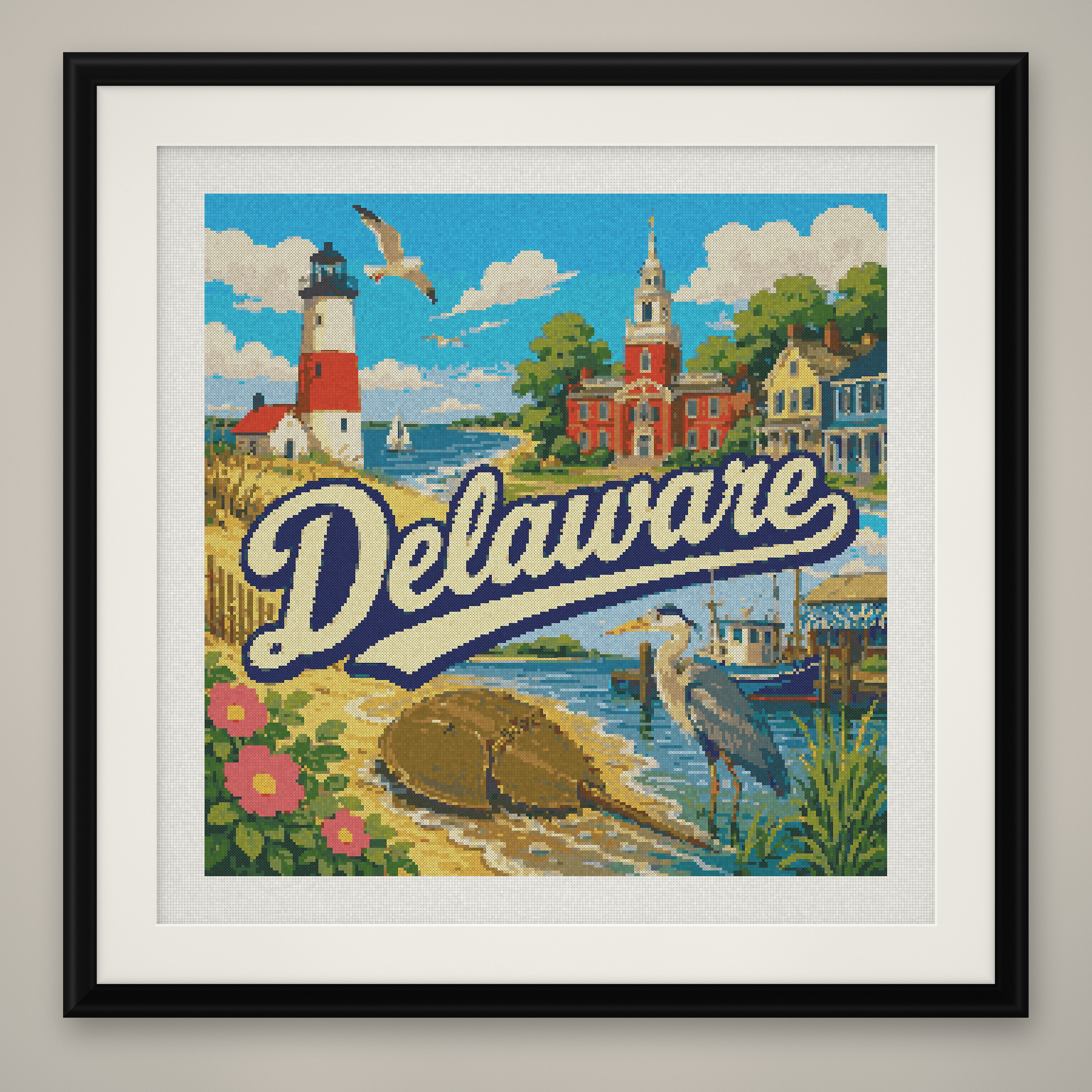 Delaware State Cross Stitch Pattern, Vintage Travel Poster Souvenir PDF