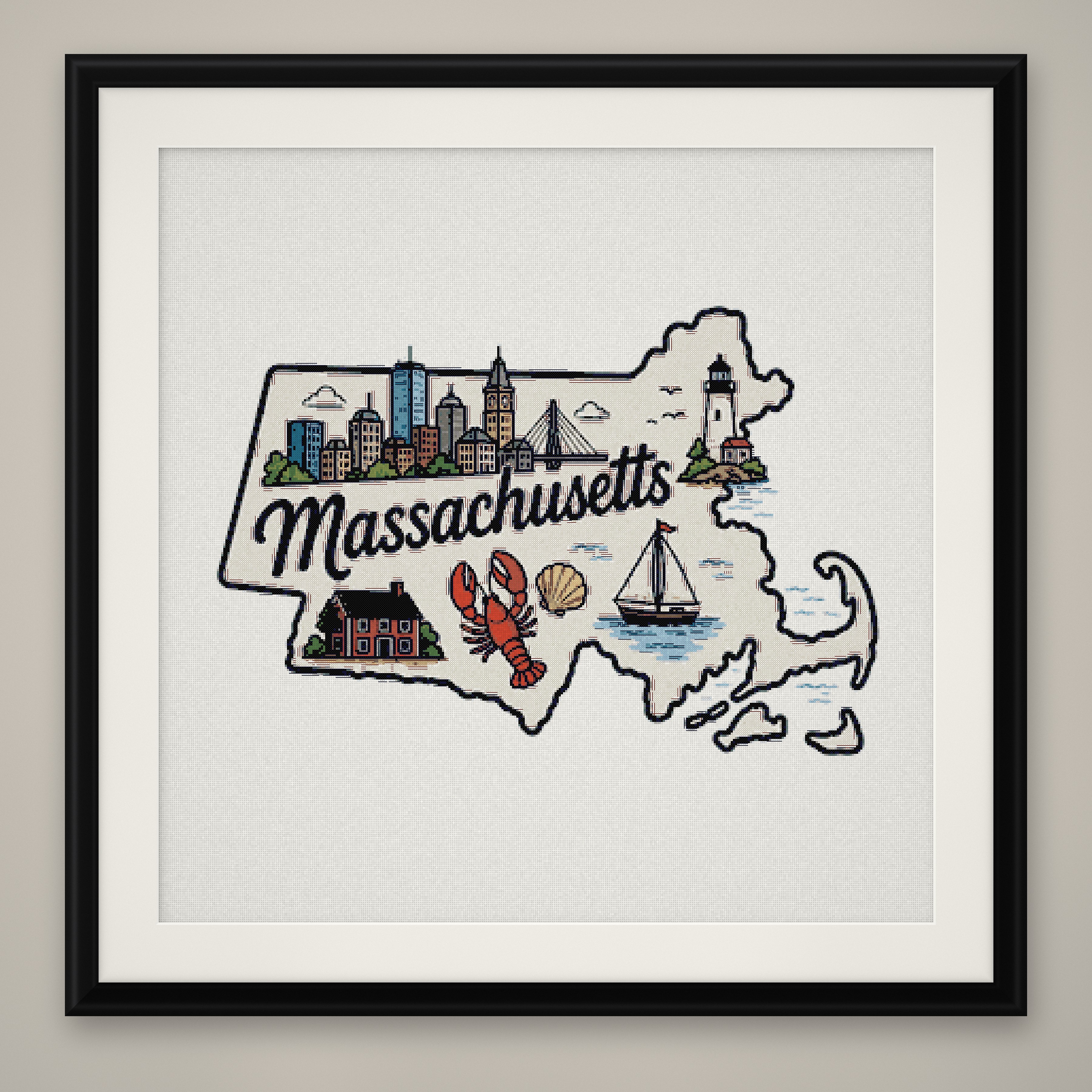 Massachusetts State Cross Stitch Pattern, State Shape Travel Souvenir PDF