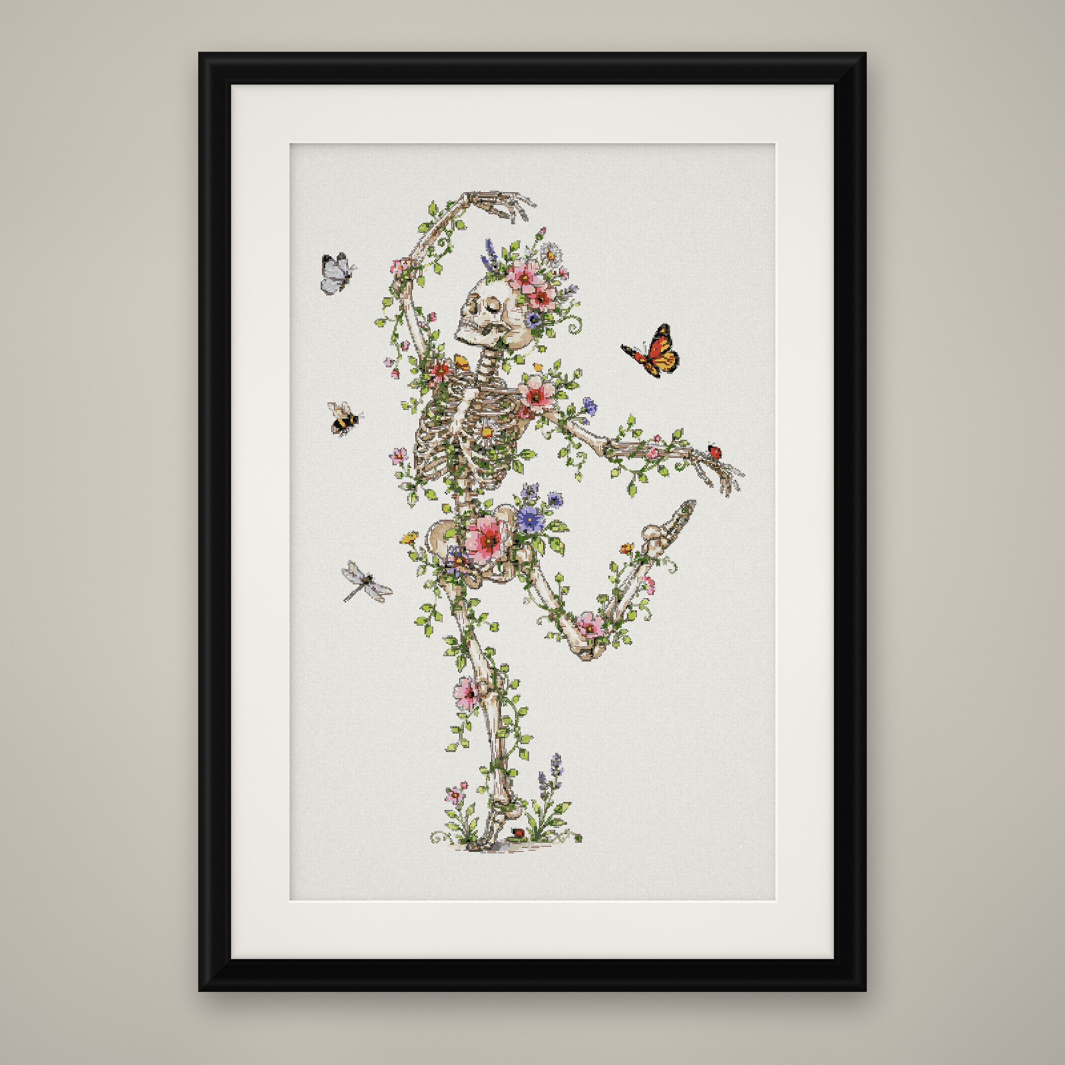 Floral Skeleton Cross Stitch Pattern, Flower Vine Goth Botanical PDF