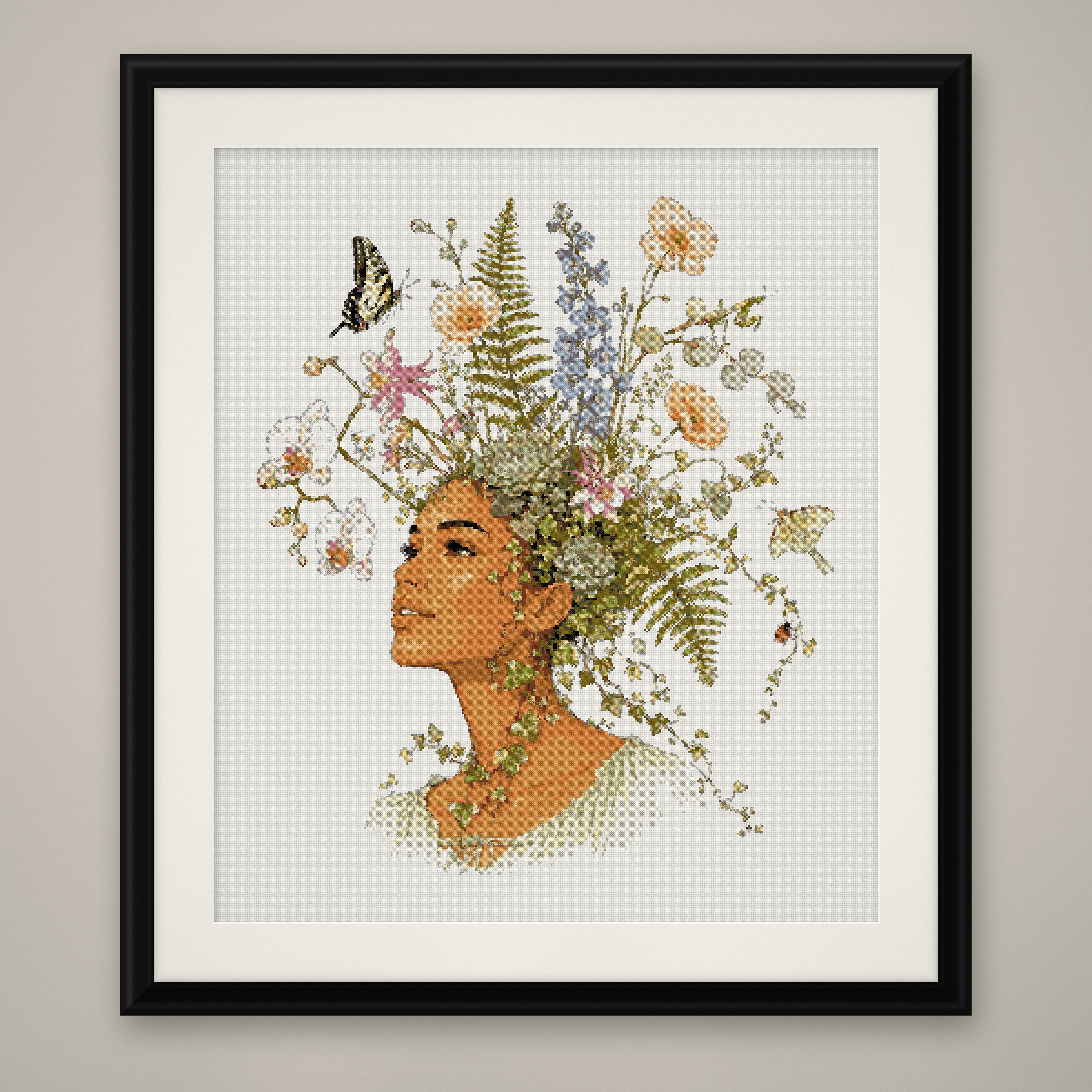 Wildflower Crown Woman Cross Stitch Pattern, Floral Portrait PDF