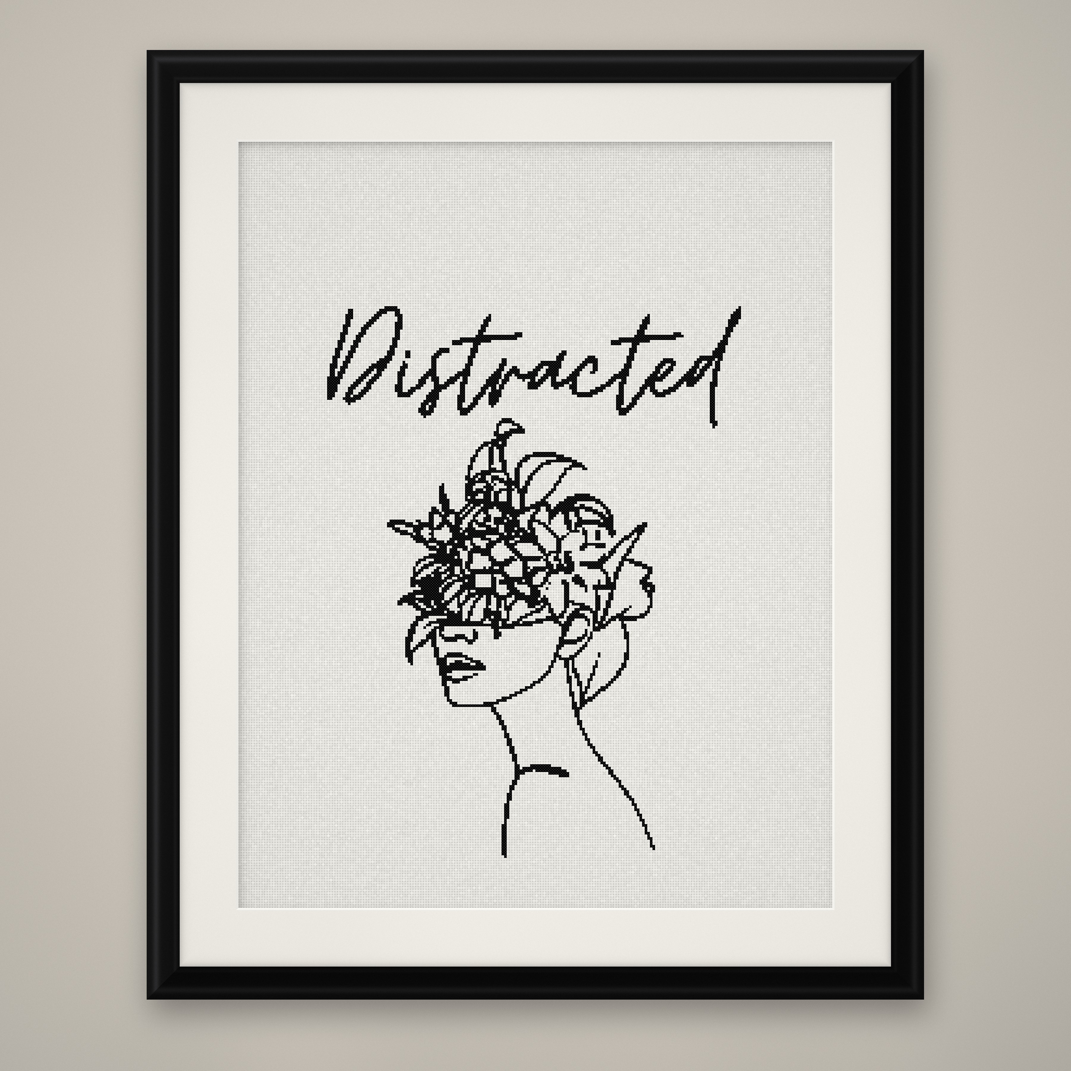 Distracted Cross Stitch Pattern, Minimalist Floral Line Art Woman PDF