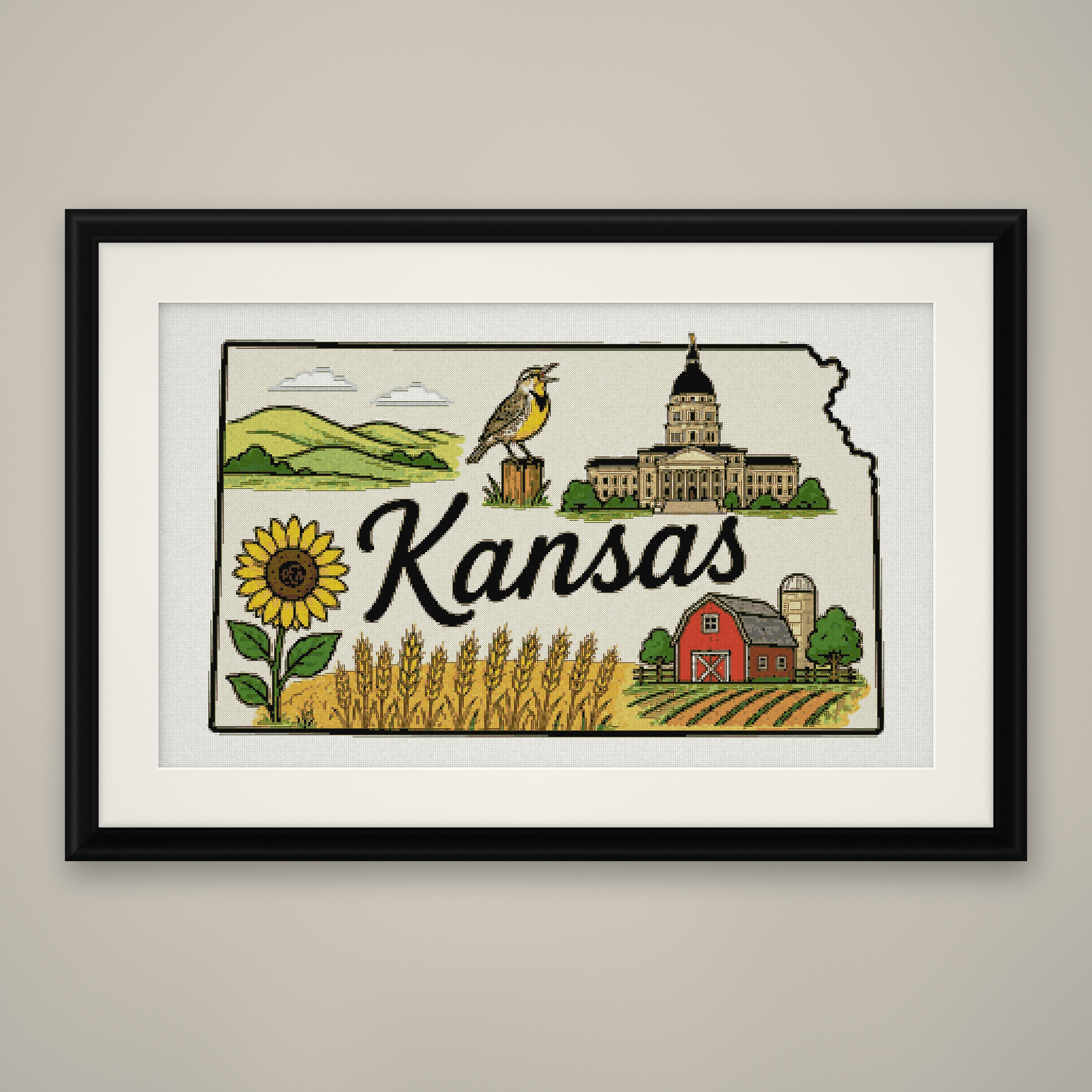 Kansas State Cross Stitch Pattern, State Shape Travel Souvenir PDF