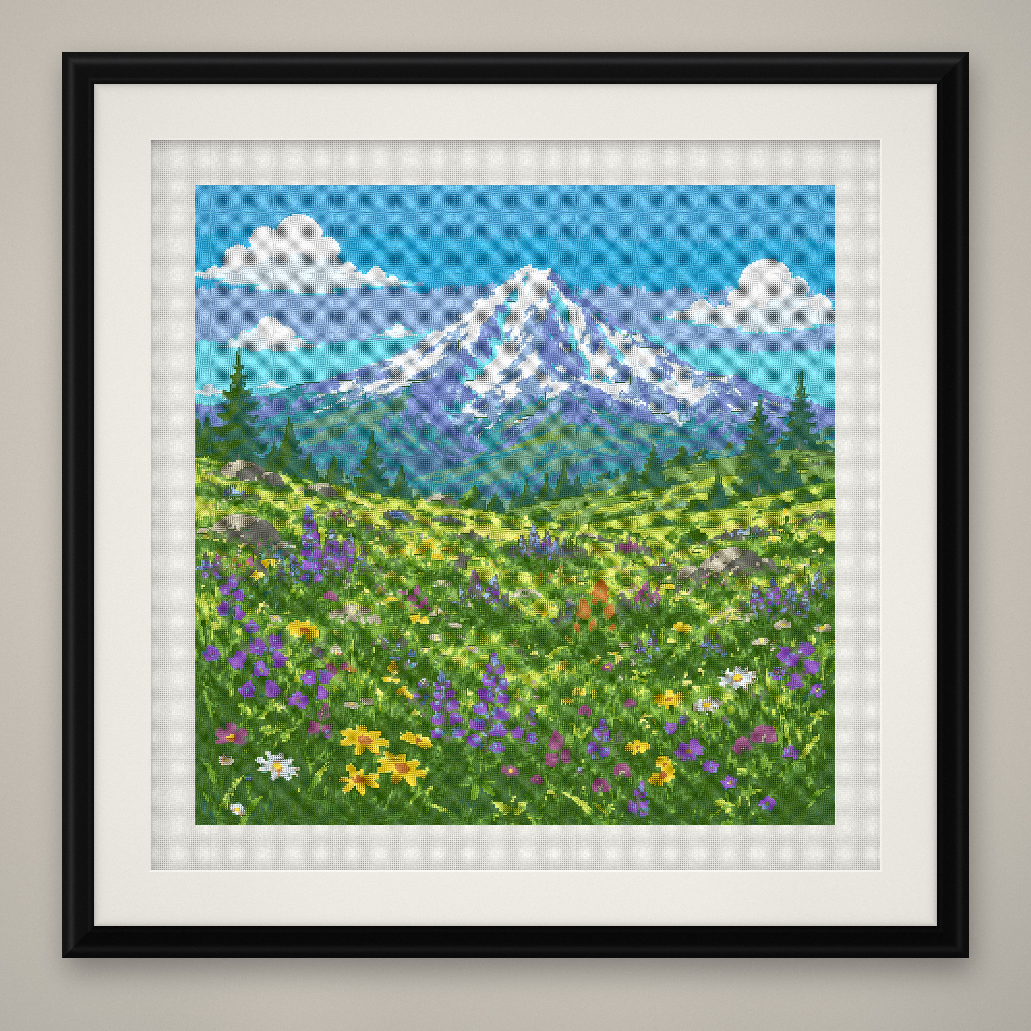 Alpine Meadow Cross Stitch Pattern, Mountain Wildflower Landscape PDF