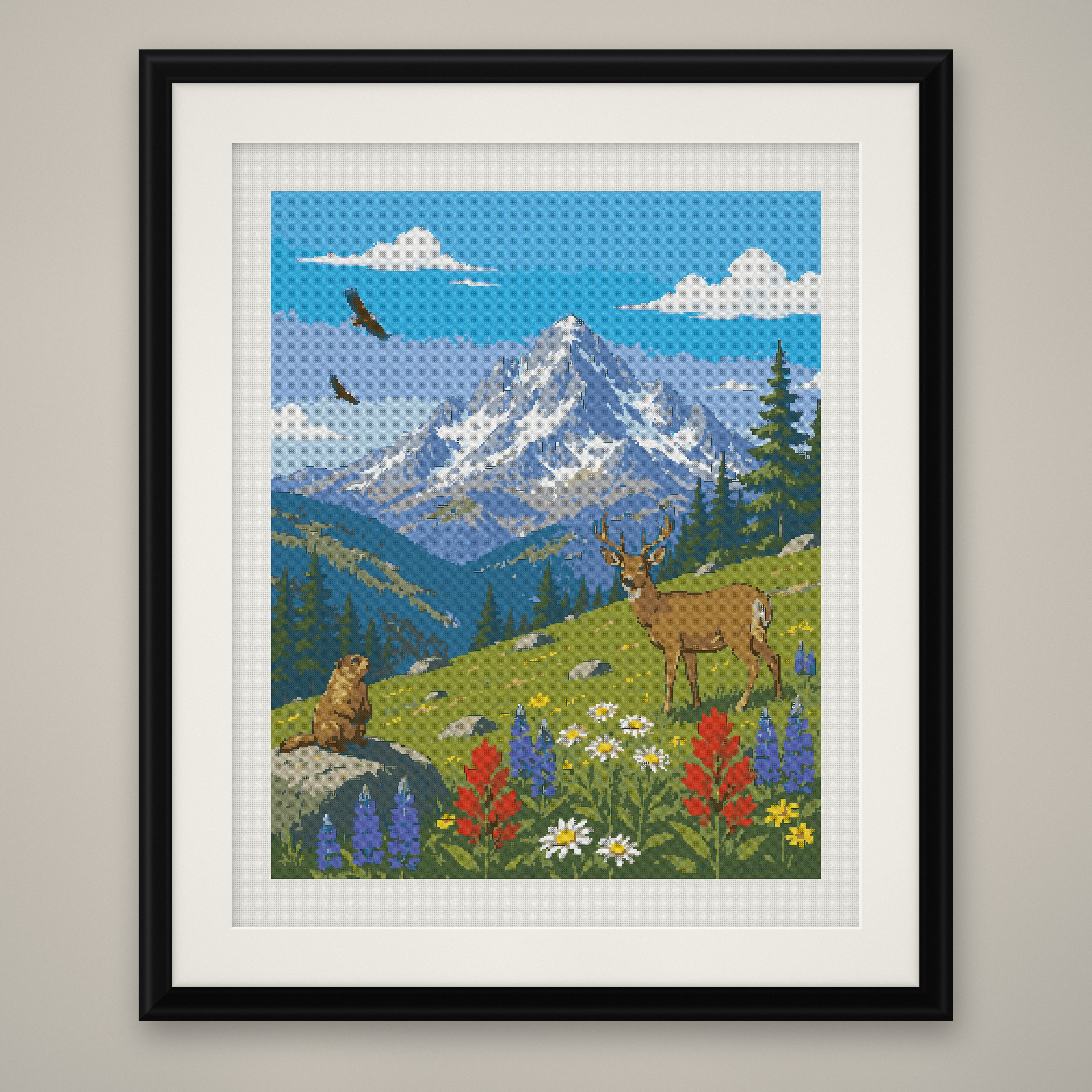 Mountain Meadow Cross Stitch Pattern, Deer Alpine Wildflower Peak PDF