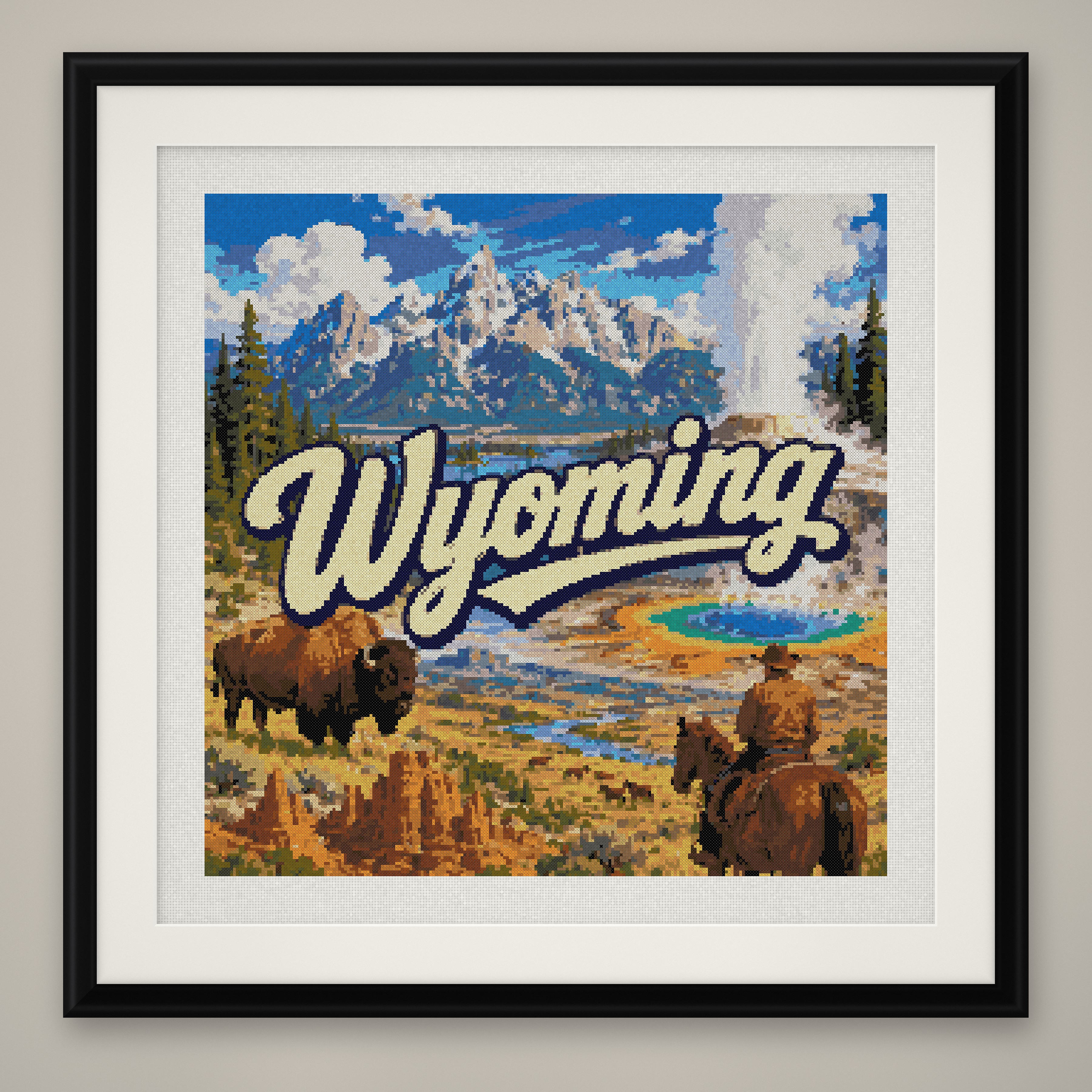 Wyoming State Cross Stitch Pattern, Vintage Travel Poster Souvenir PDF