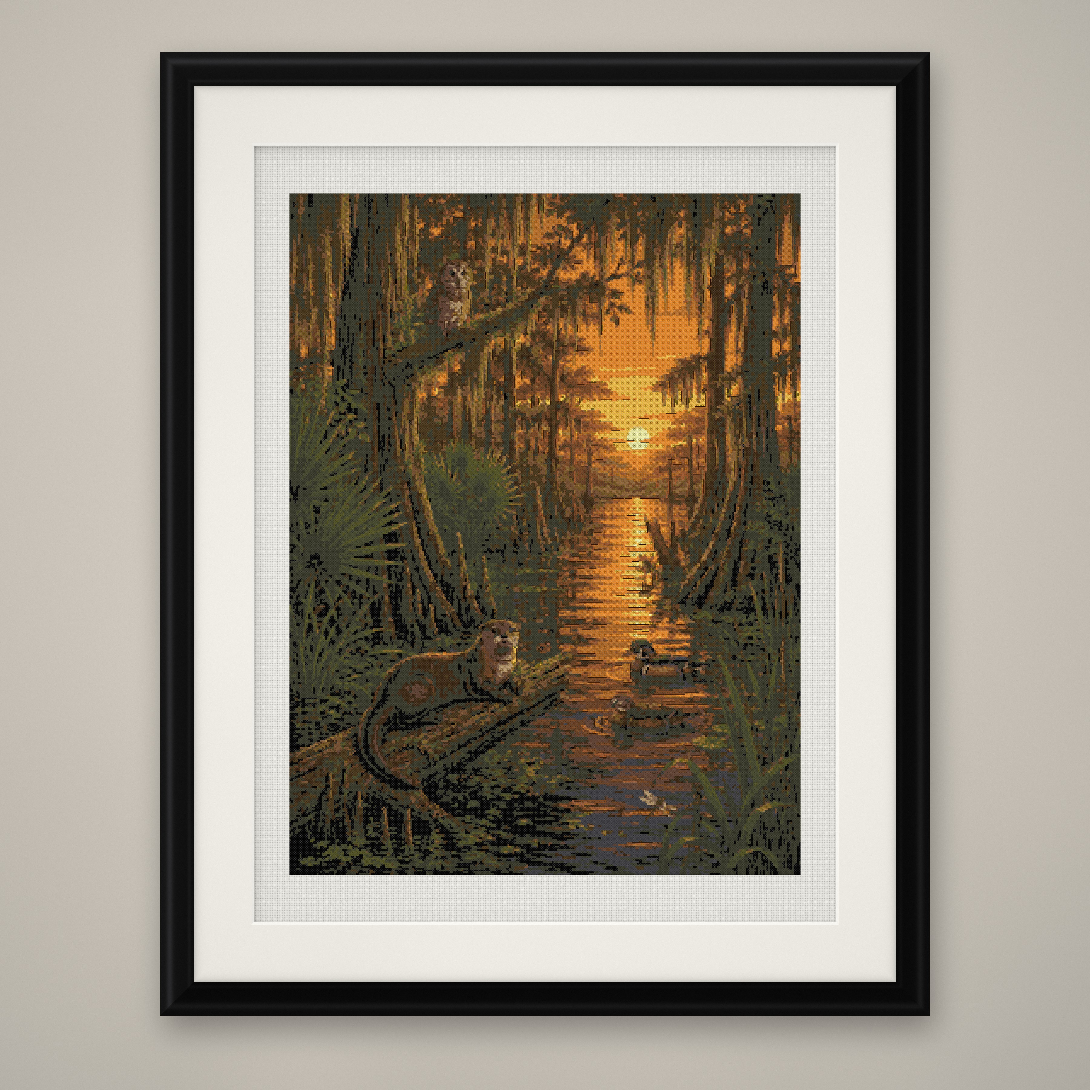 Cypress Swamp Sunset Cross Stitch Pattern, Bayou Forest Beaver PDF