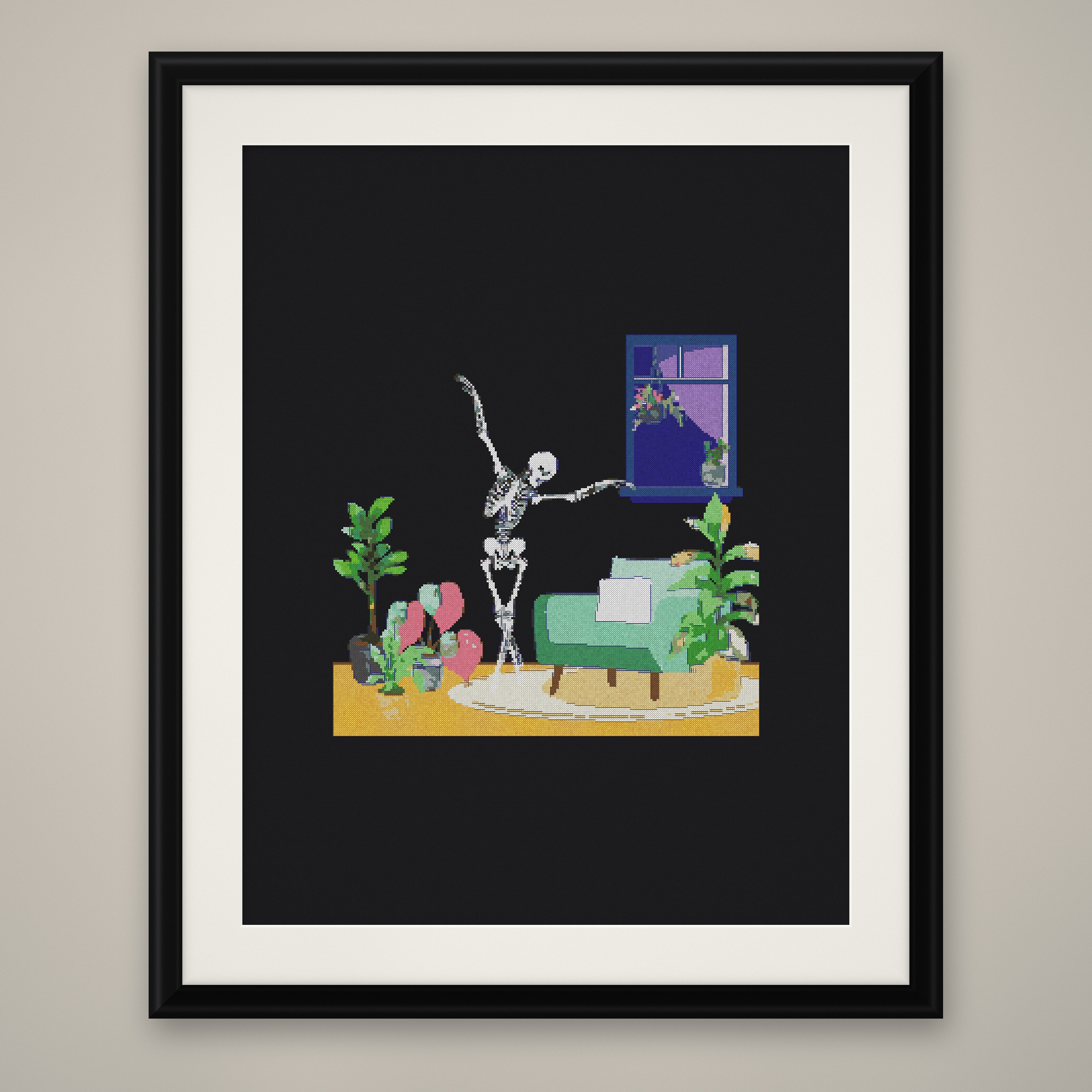 Skeleton Cross Stitch Pattern, Vanity Mirror Plants Goth Black PDF