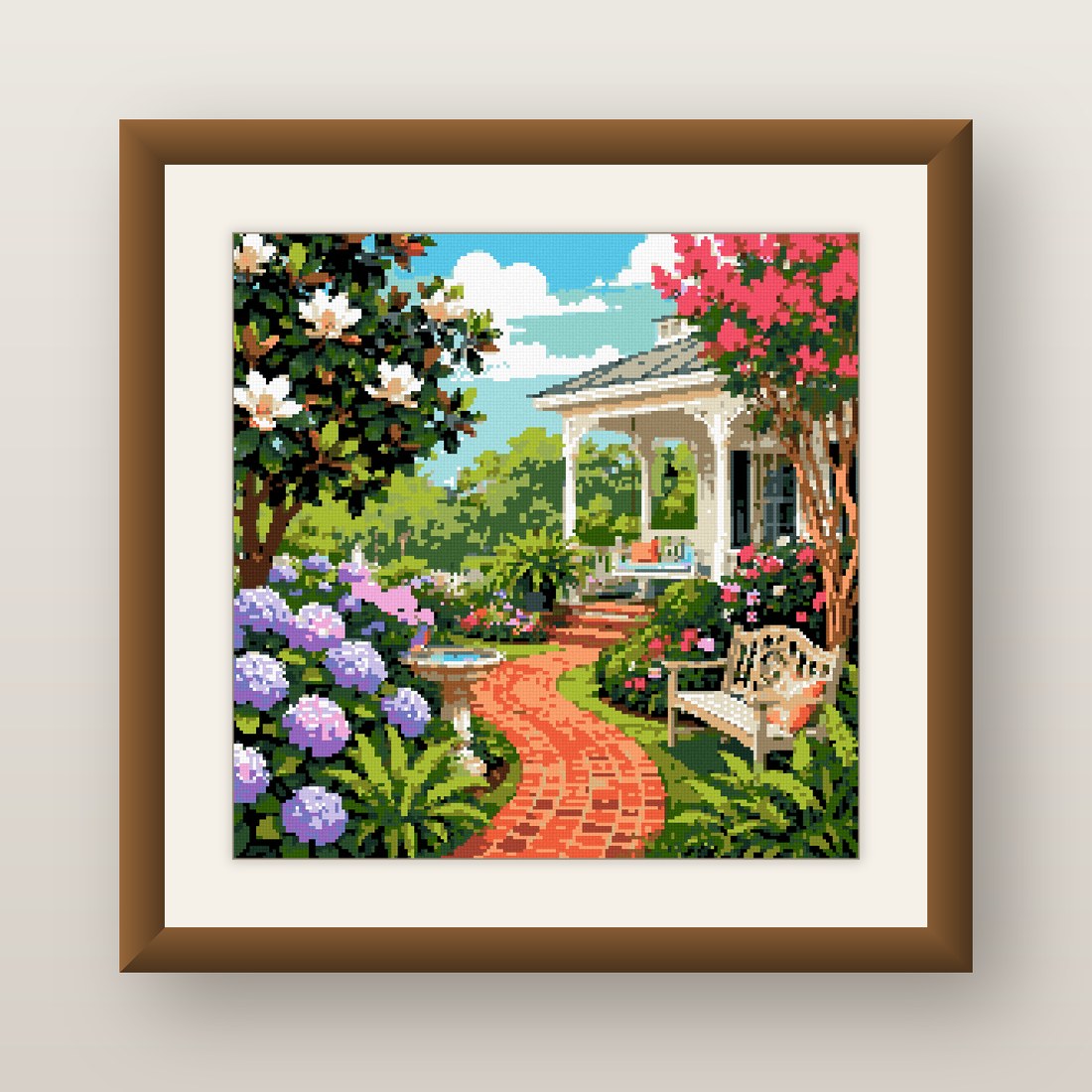Gazebo Garden Cross Stitch Pattern, Hydrangea Brick Path Bloom PDF