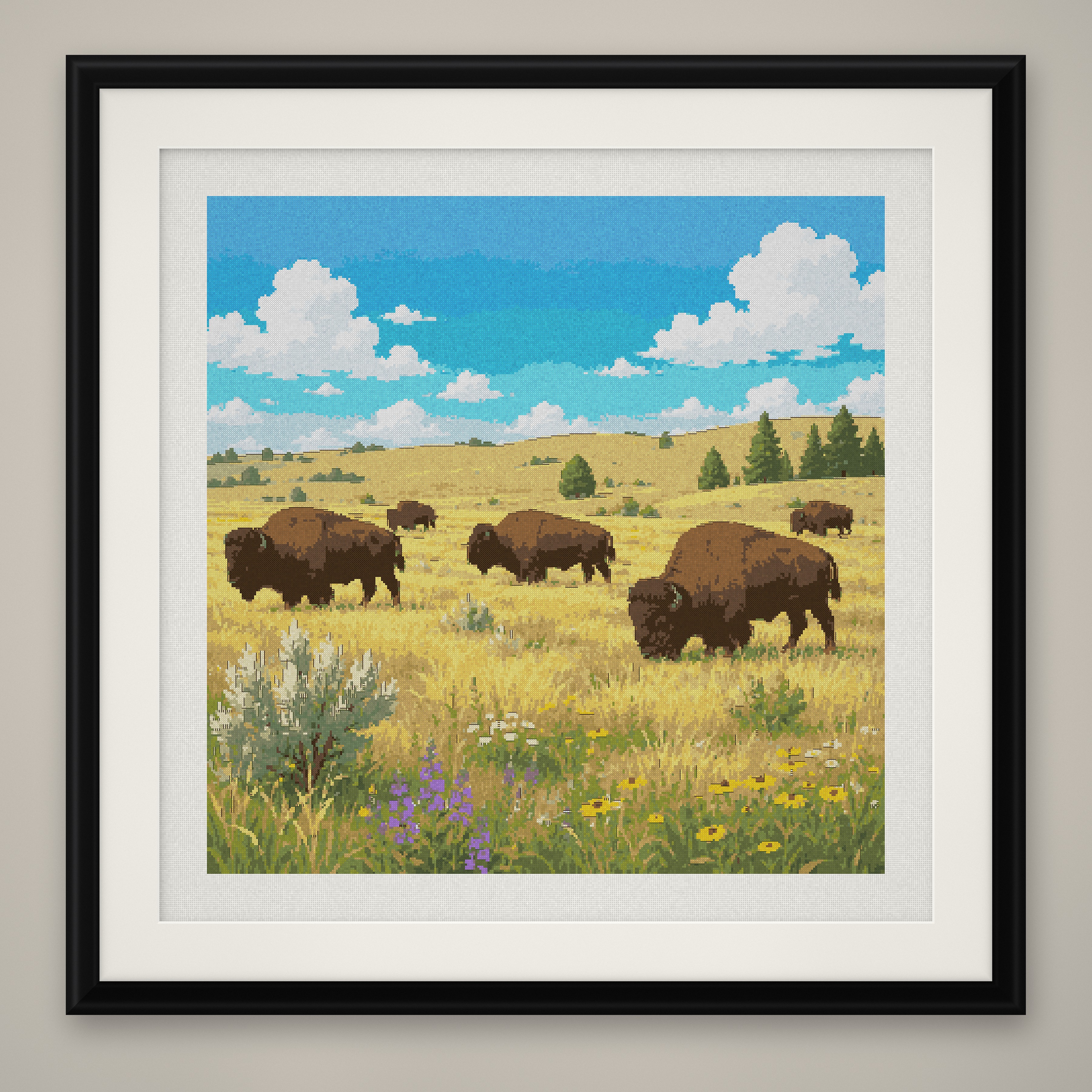 Bison on the Prairie Cross Stitch Pattern, Buffalo Grassland PDF