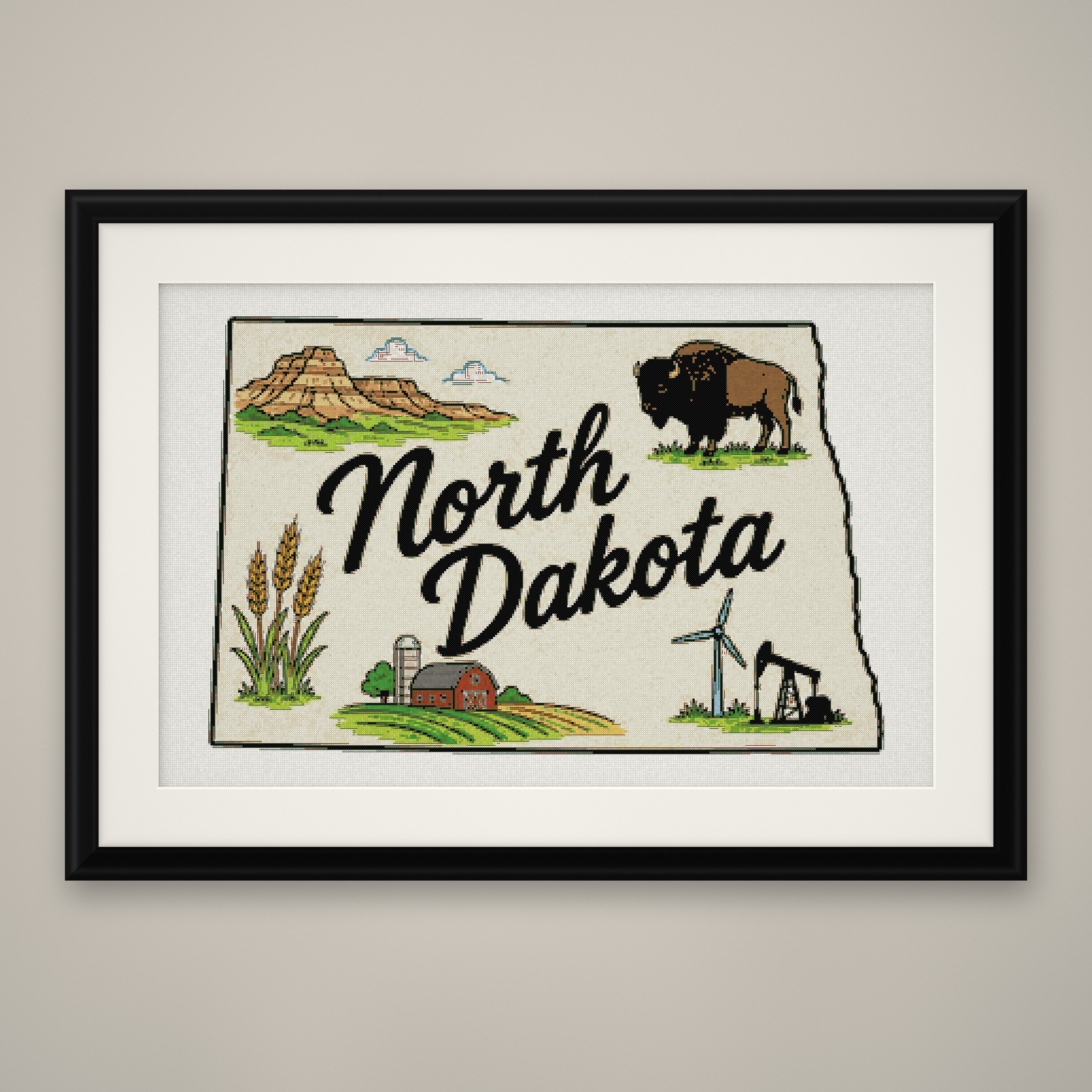 North Dakota State Cross Stitch Pattern, State Shape Travel Souvenir PDF