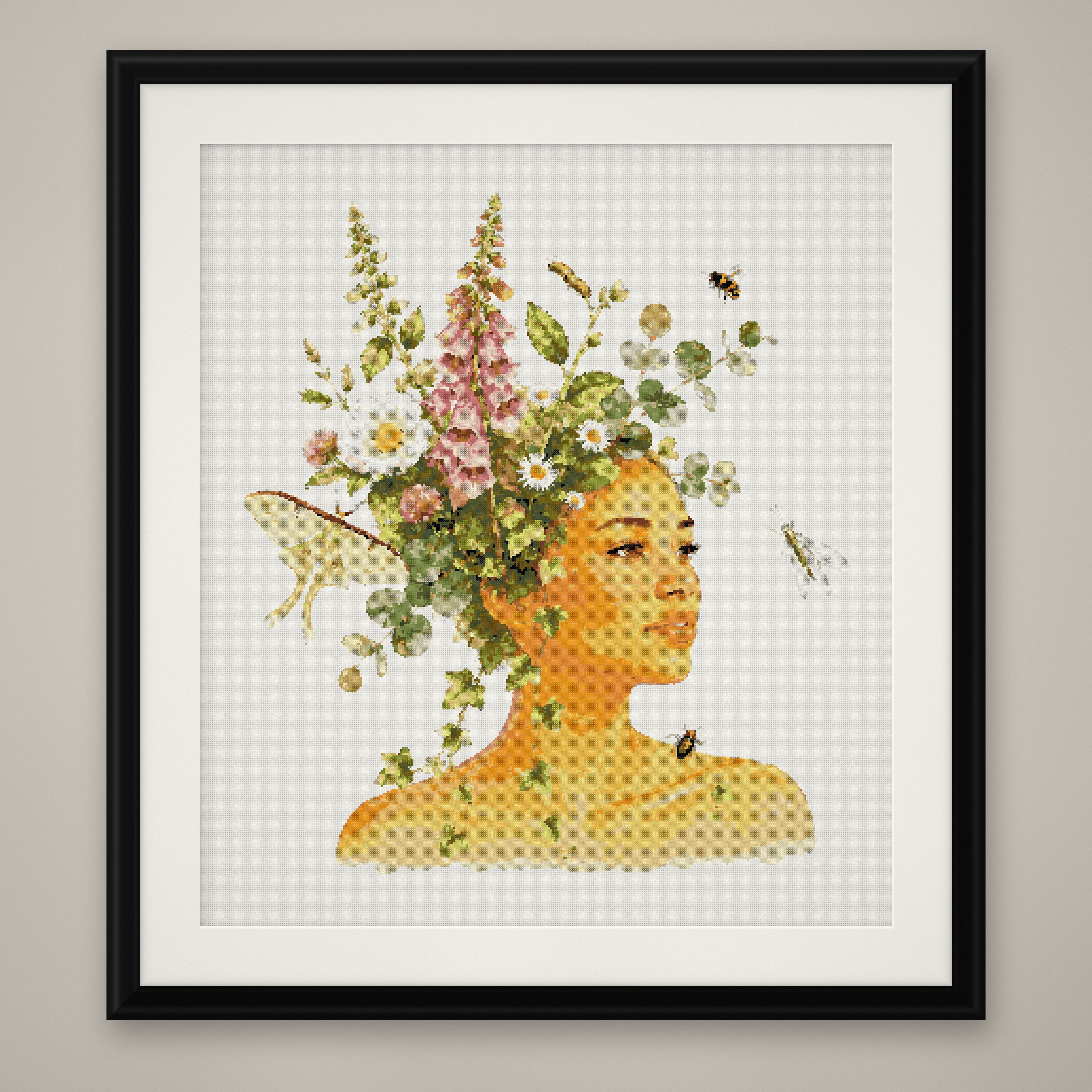 Pink Floral Hair Woman Cross Stitch Pattern, Foxglove Portrait PDF