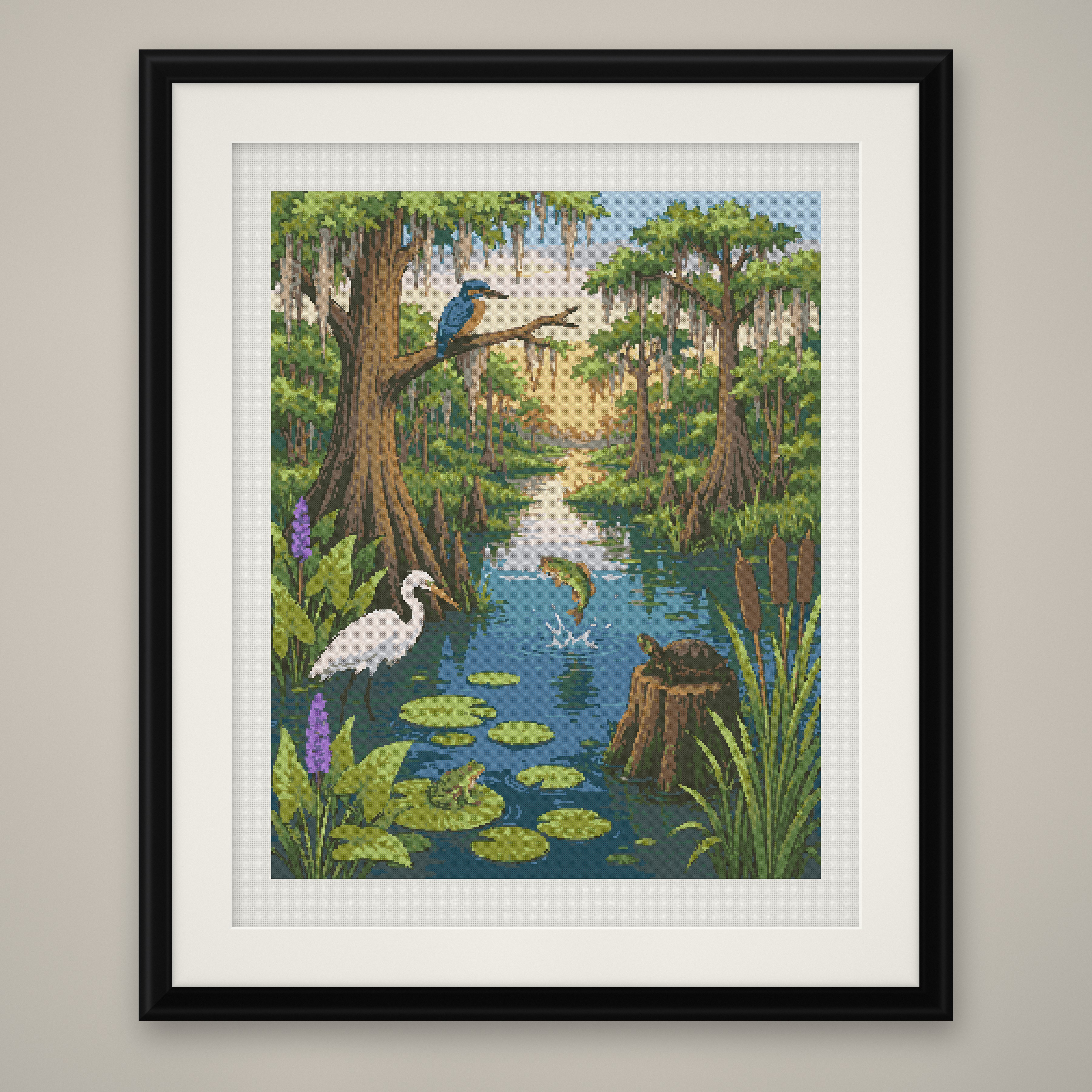 Cypress Bayou Cross Stitch Pattern, Heron Egret Swamp Wildlife PDF