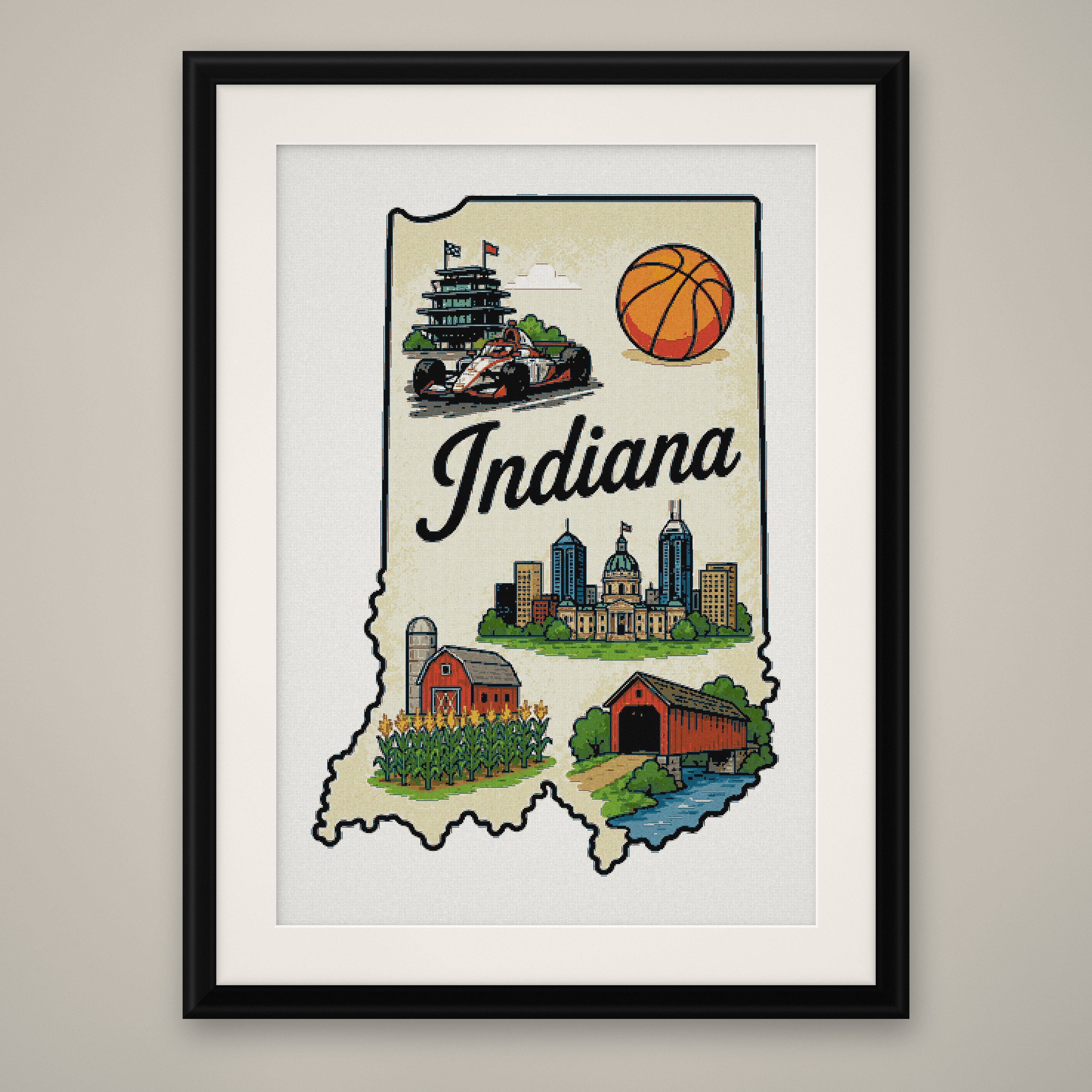 Indiana State Cross Stitch Pattern, State Shape Travel Souvenir PDF