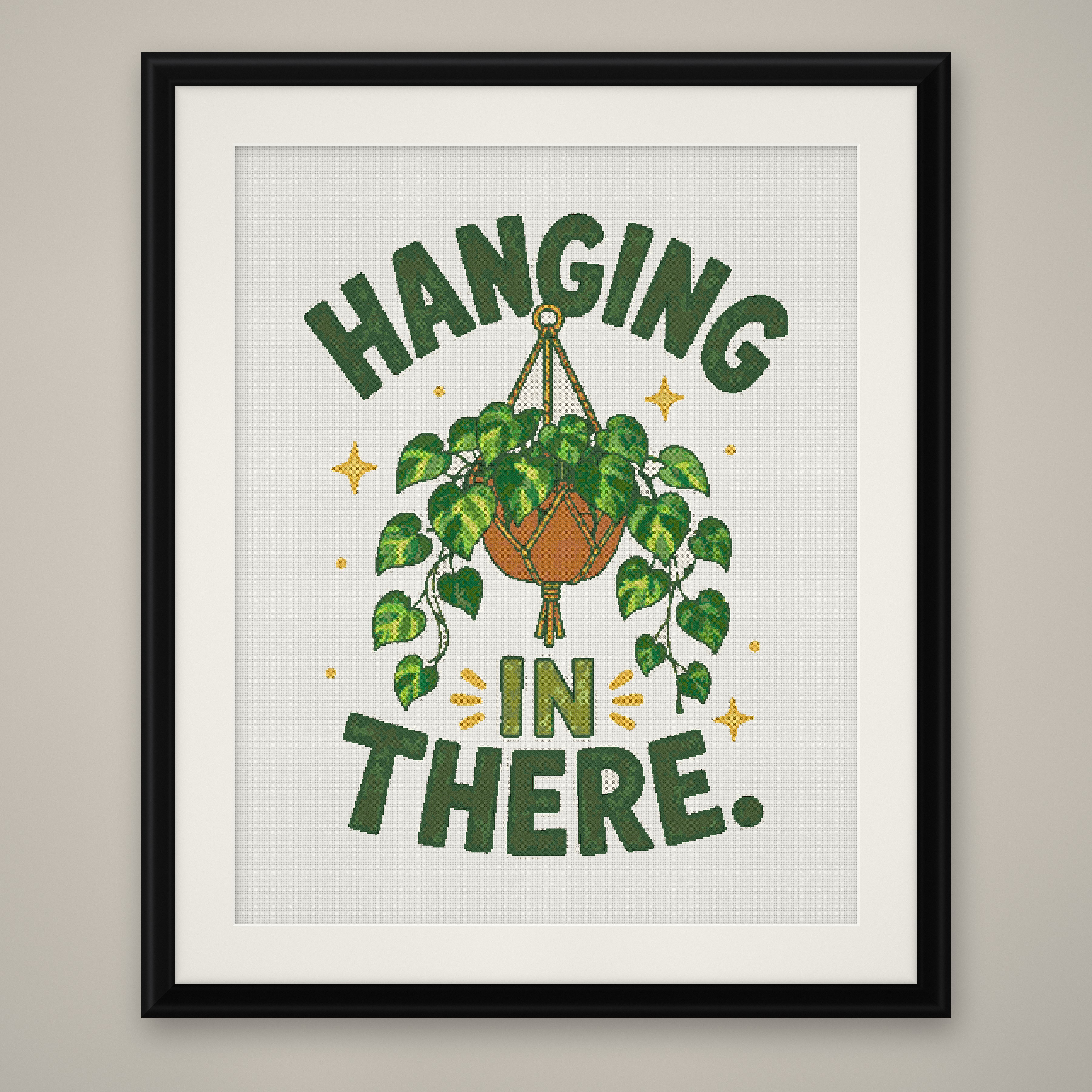 Hanging In There Cross Stitch Pattern, Pothos Plant Pun Wall Art PDF