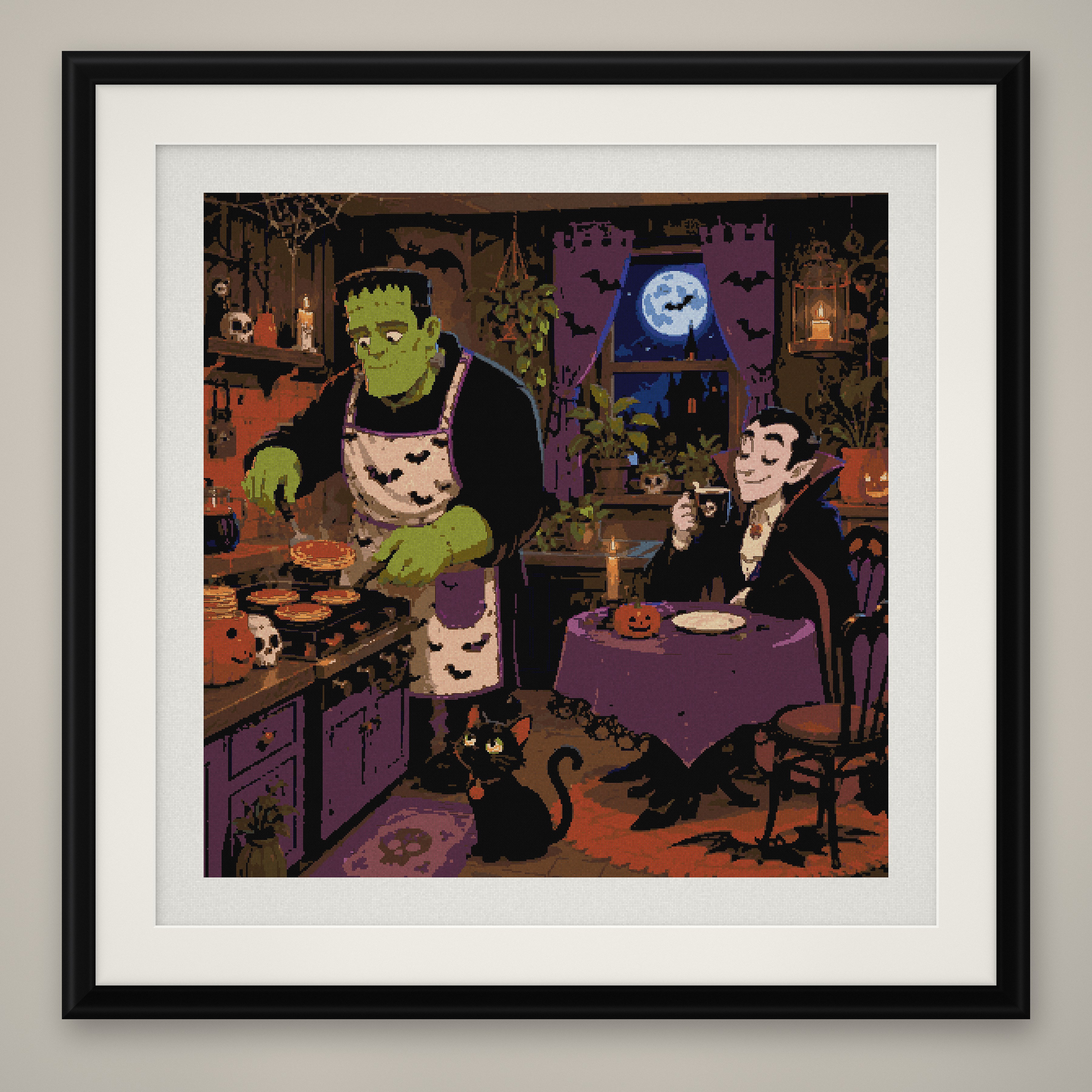 Monster Kitchen Cross Stitch Pattern, Frankenstein Cooking PDF