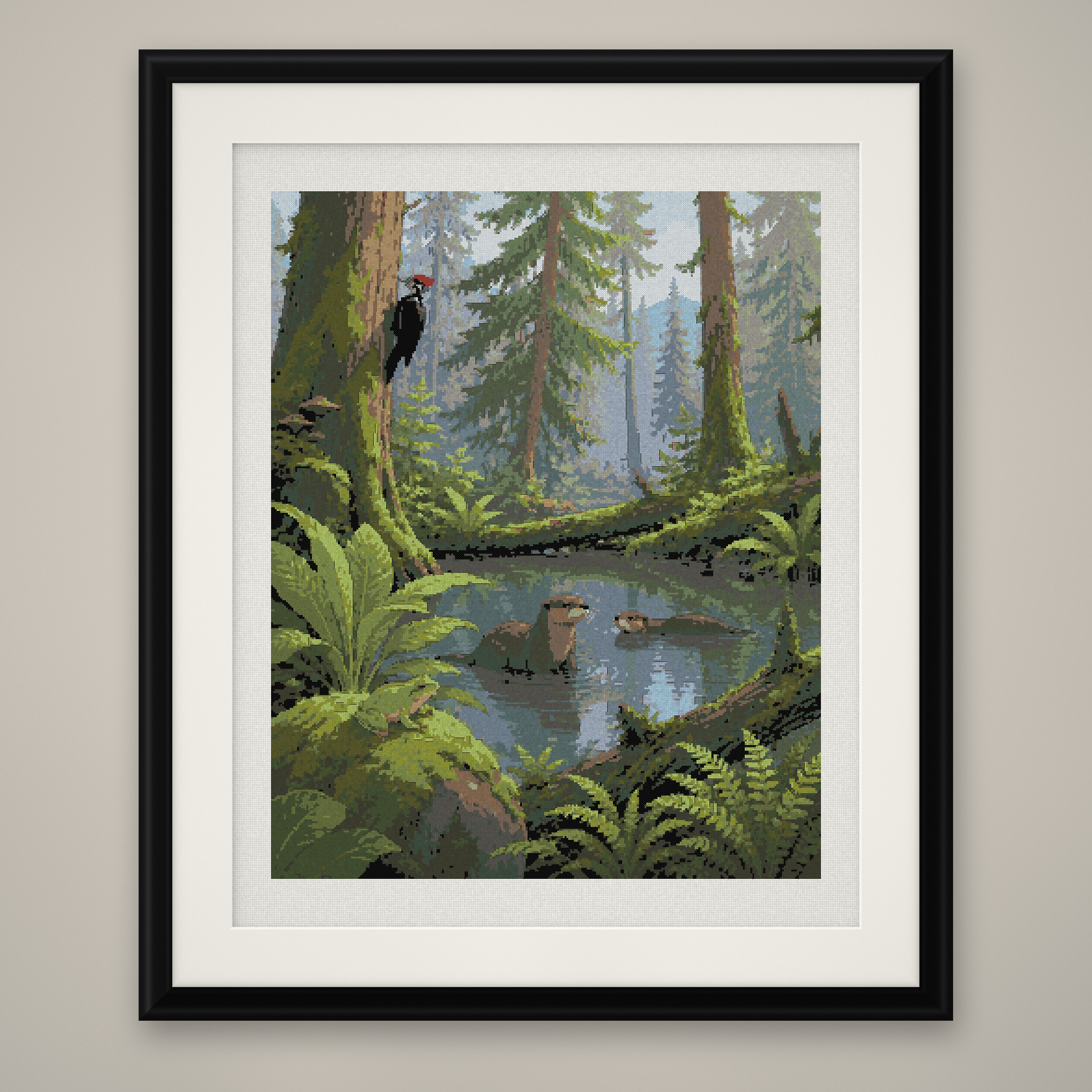 Forest Pond Cross Stitch Pattern, Otters Woodpecker Woodland PDF