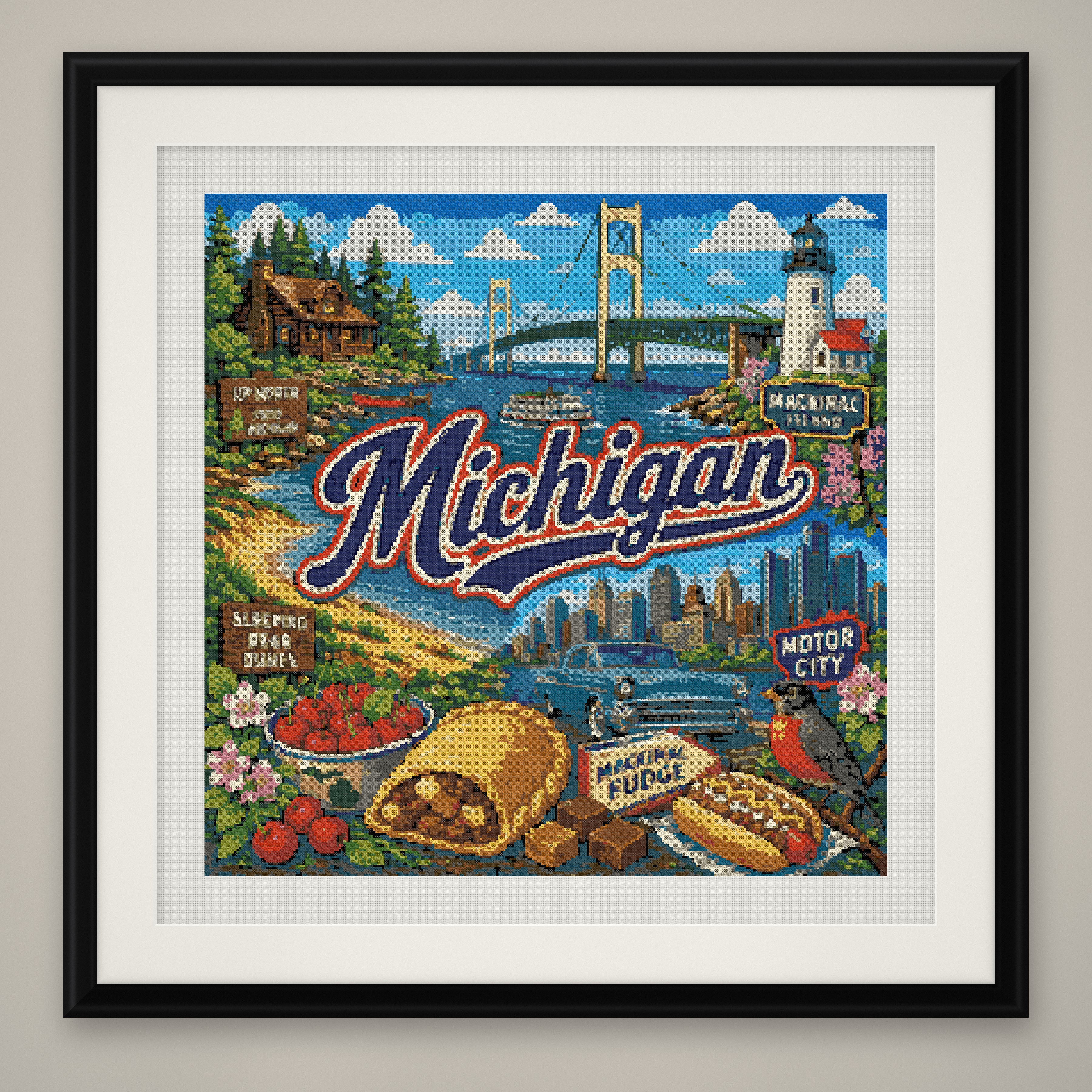 Michigan State Cross Stitch Pattern, Mackinac Travel Souvenir PDF