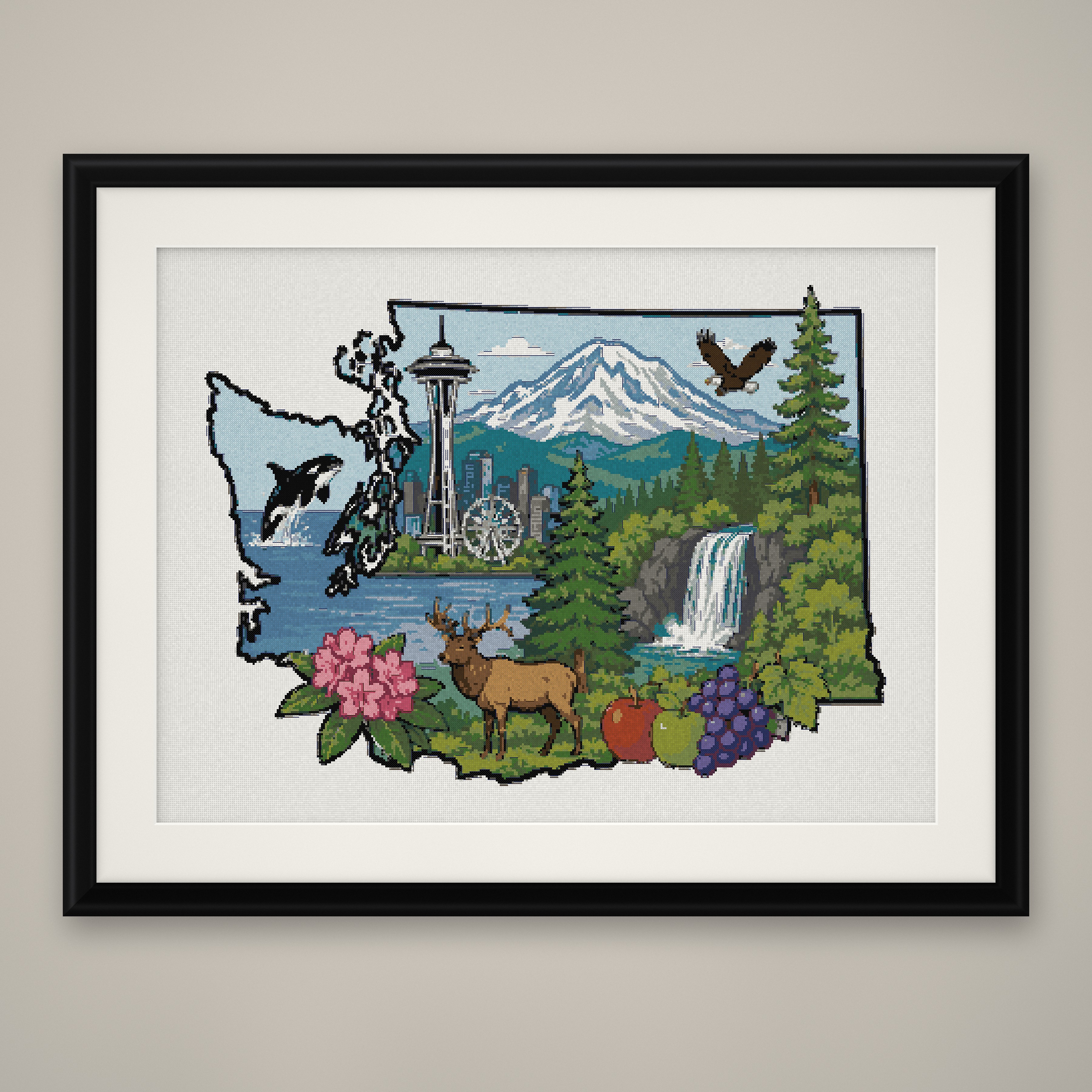 Washington State Map Cross Stitch Pattern, Nature Silhouette Wall Art PDF