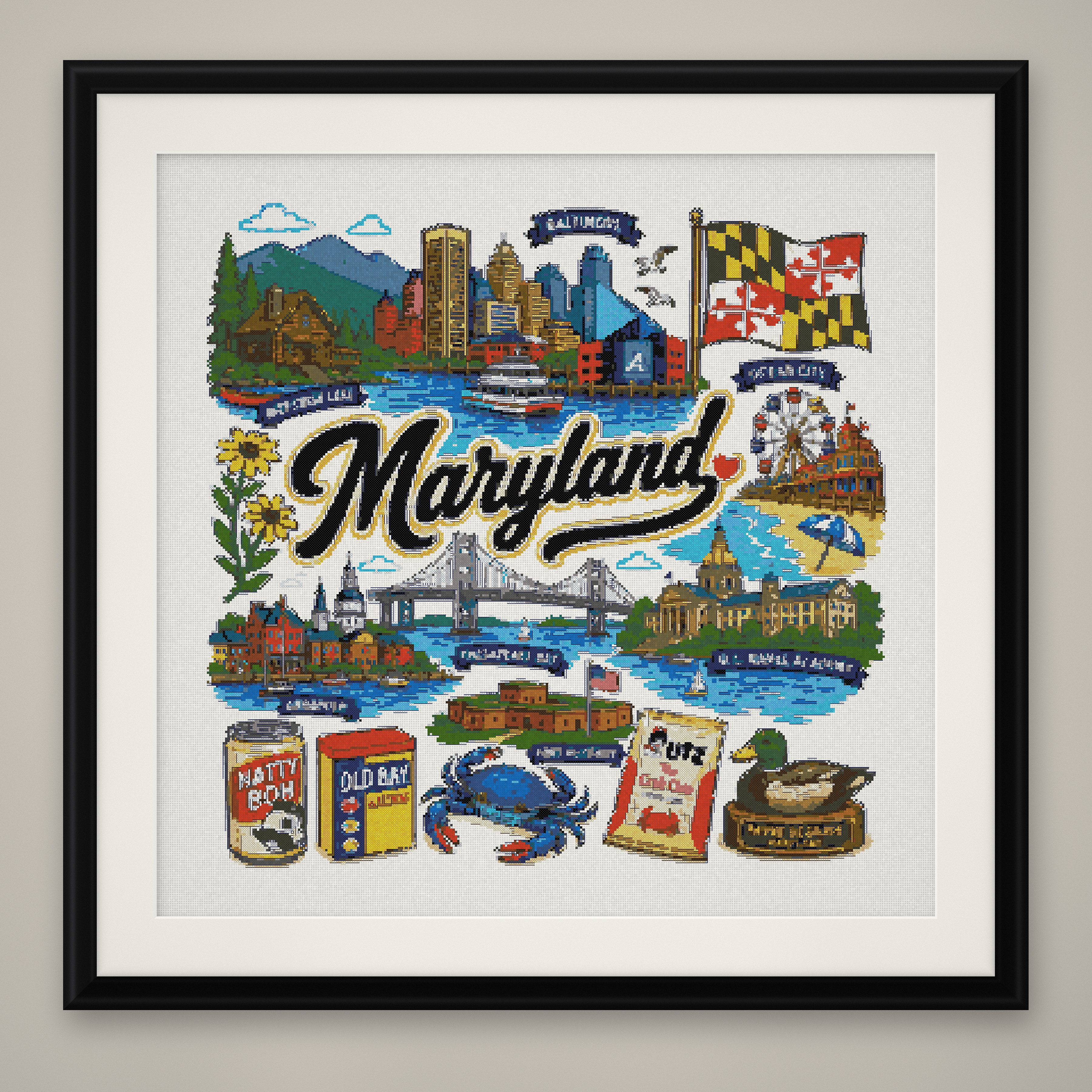 Maryland State Cross Stitch Pattern, Baltimore Crab Travel Souvenir PDF