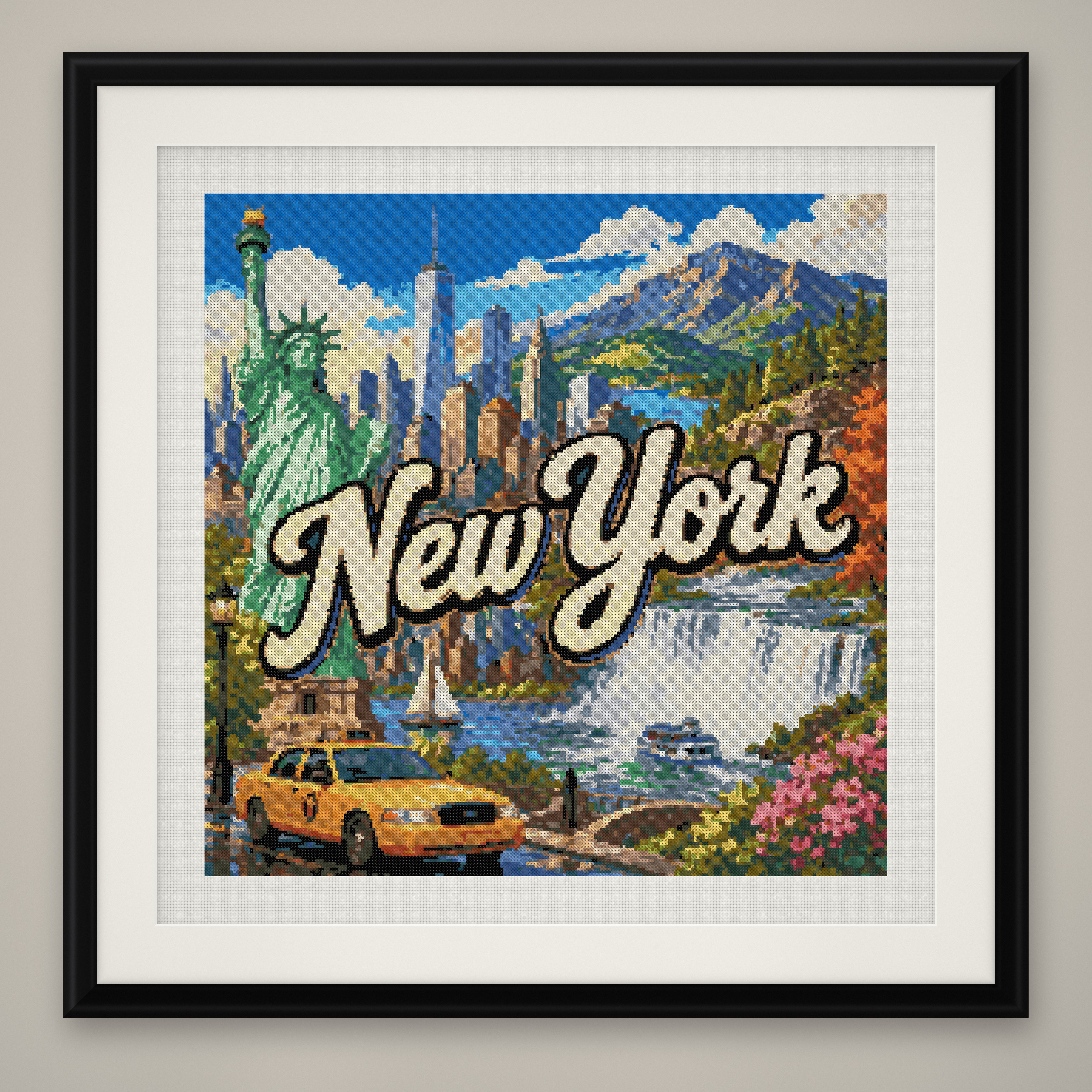 New York State Cross Stitch Pattern, Vintage Travel Poster Souvenir PDF