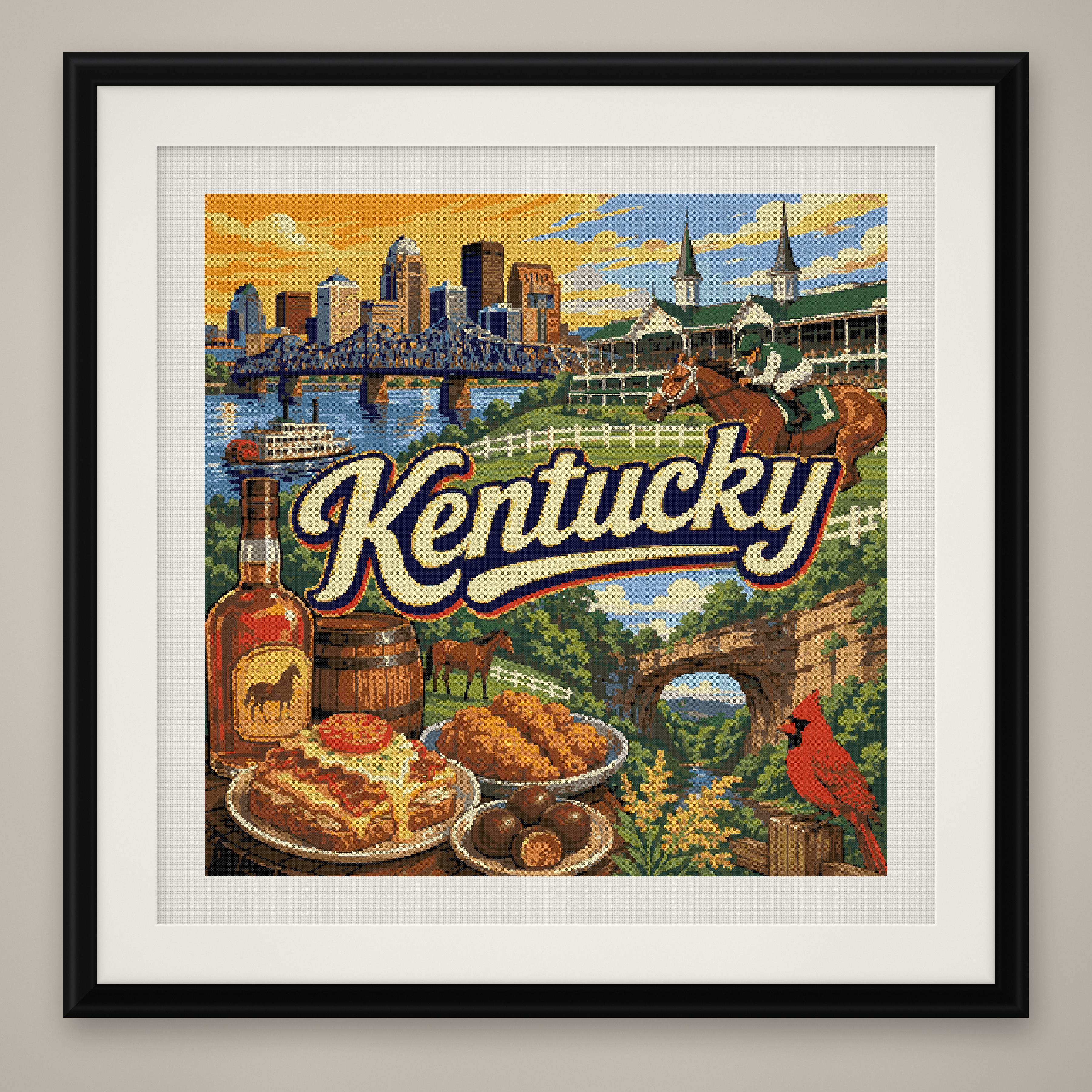 Kentucky Cross Stitch Pattern, State Travel Poster Landscape Wall Art PDF