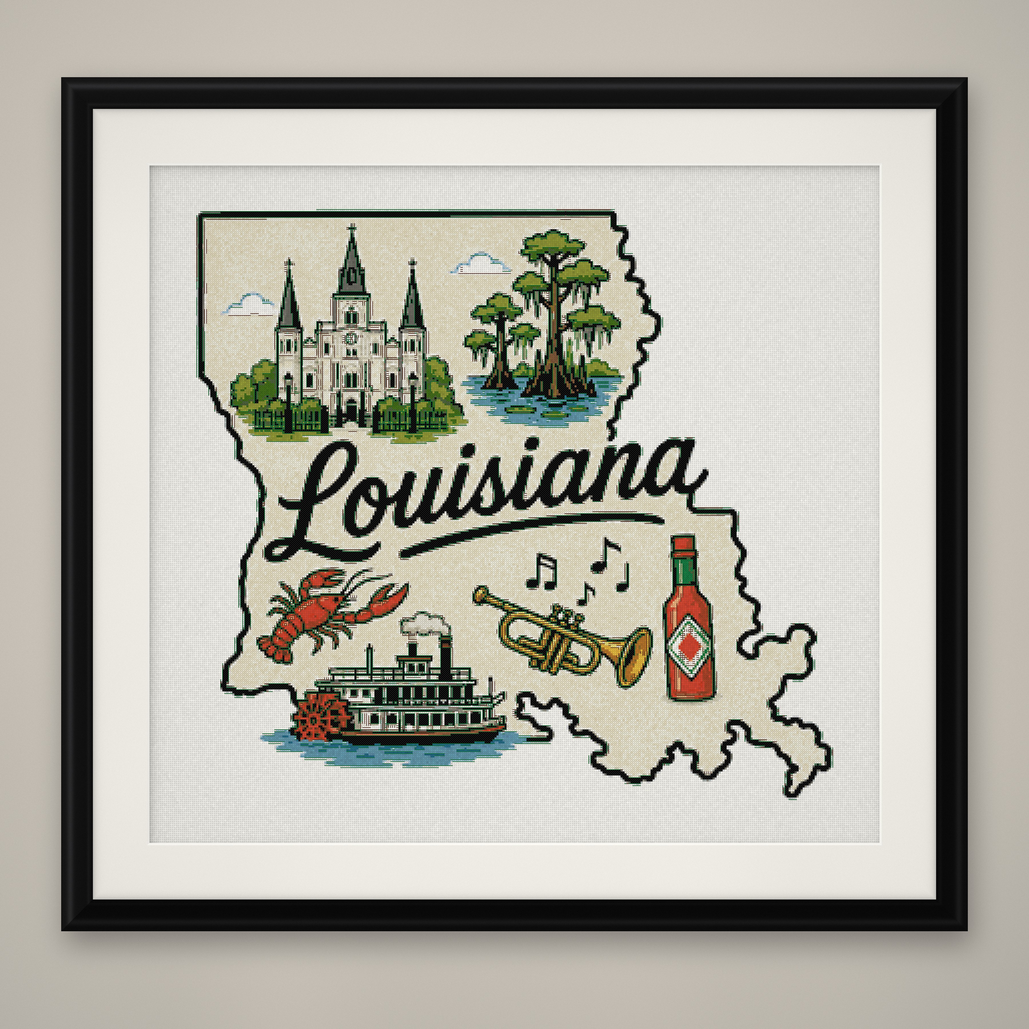 Louisiana State Cross Stitch Pattern, State Shape Travel Souvenir PDF