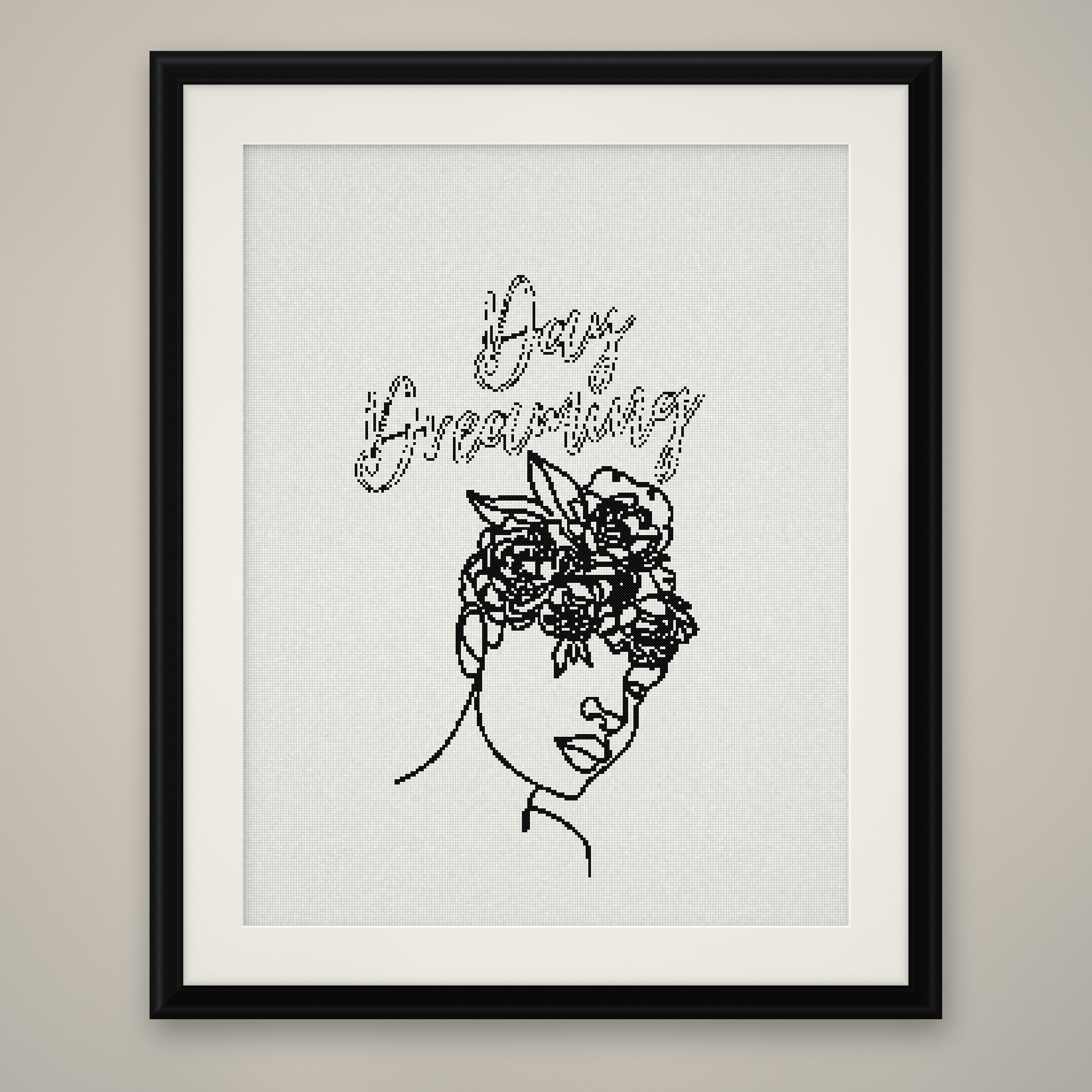 Floral Hair Cross Stitch Pattern, Minimalist Line Woman Sketch PDF