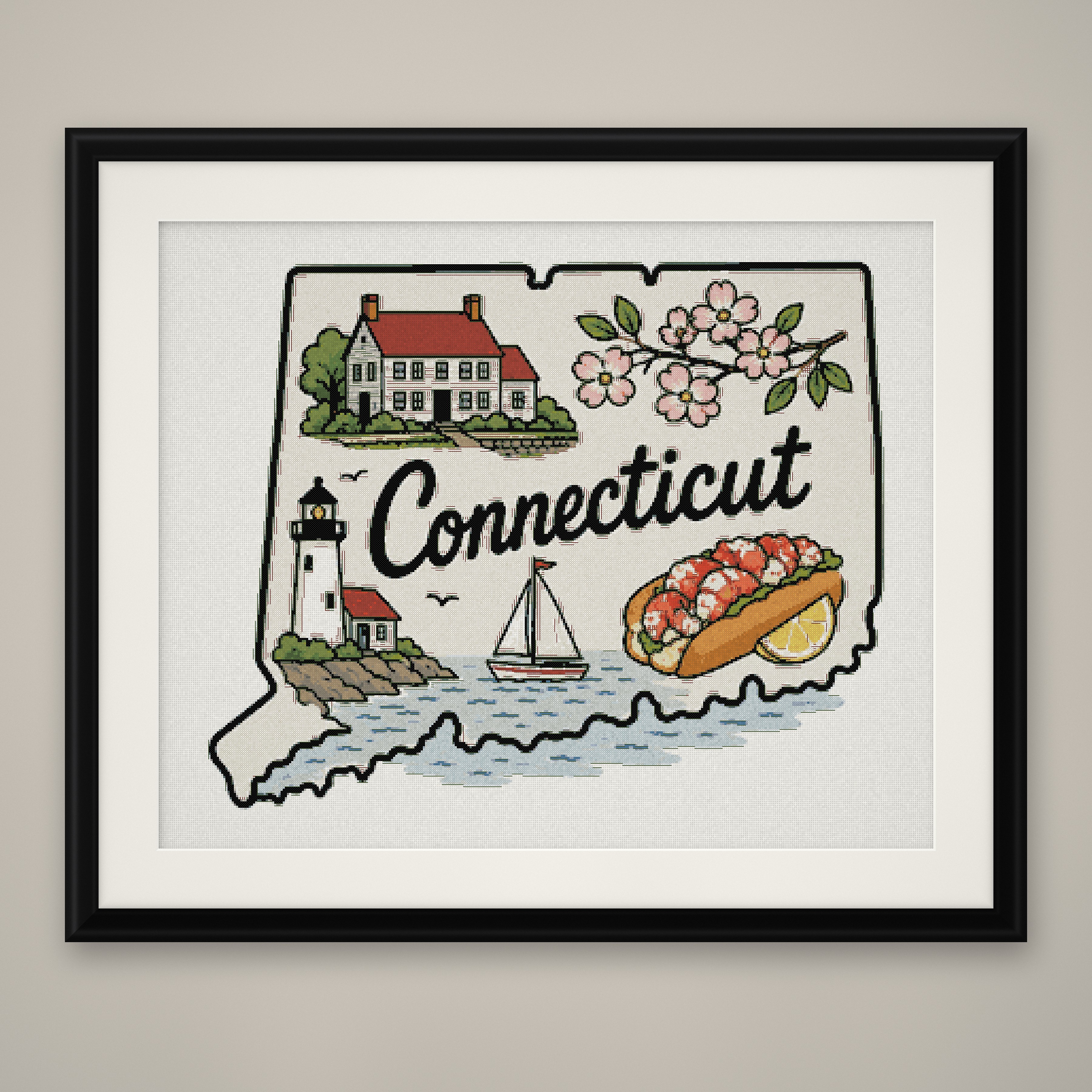 Connecticut State Cross Stitch Pattern, State Shape Travel Souvenir PDF