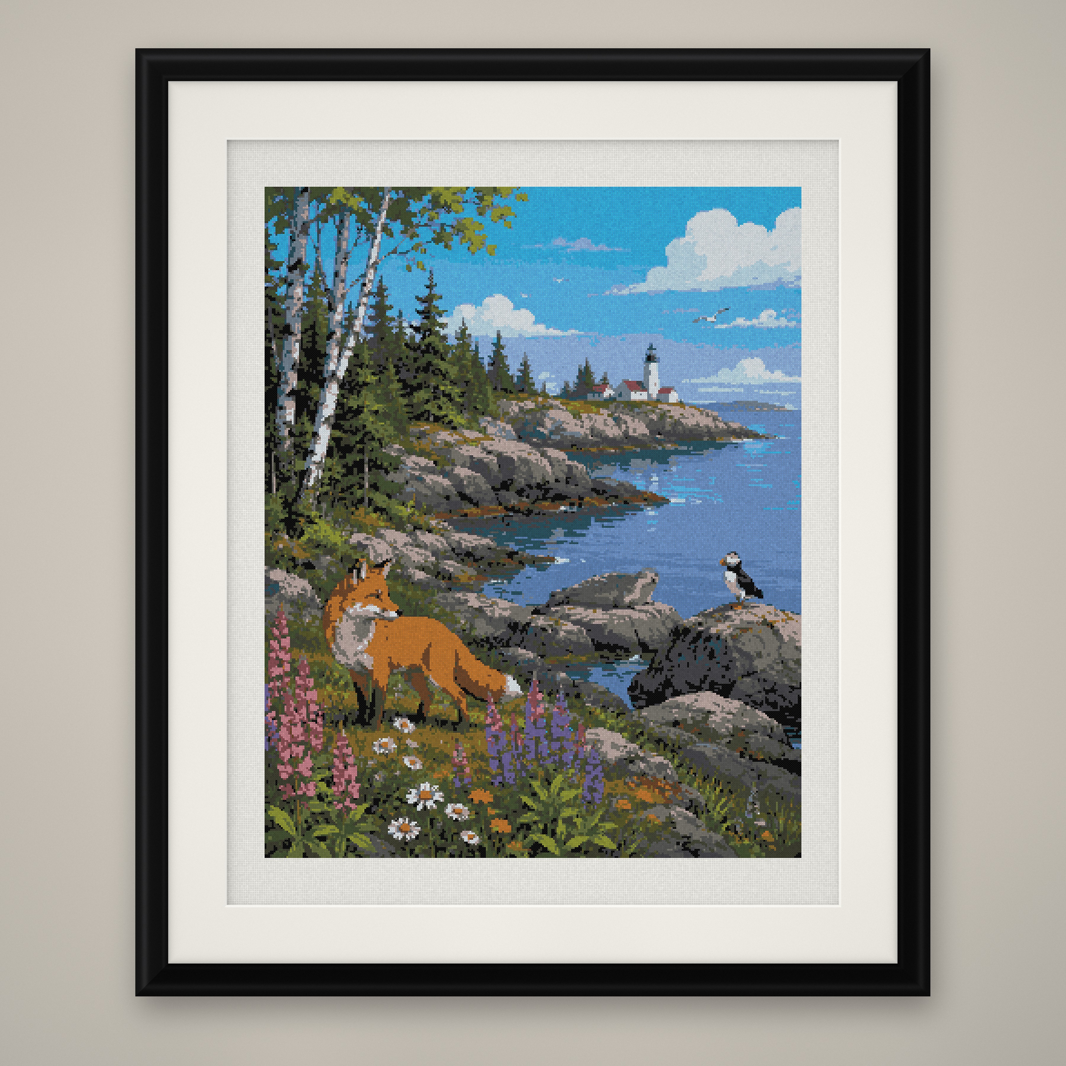Fox Cross Stitch Pattern, Coastal Lake Lupine Puffin Wildlife PDF