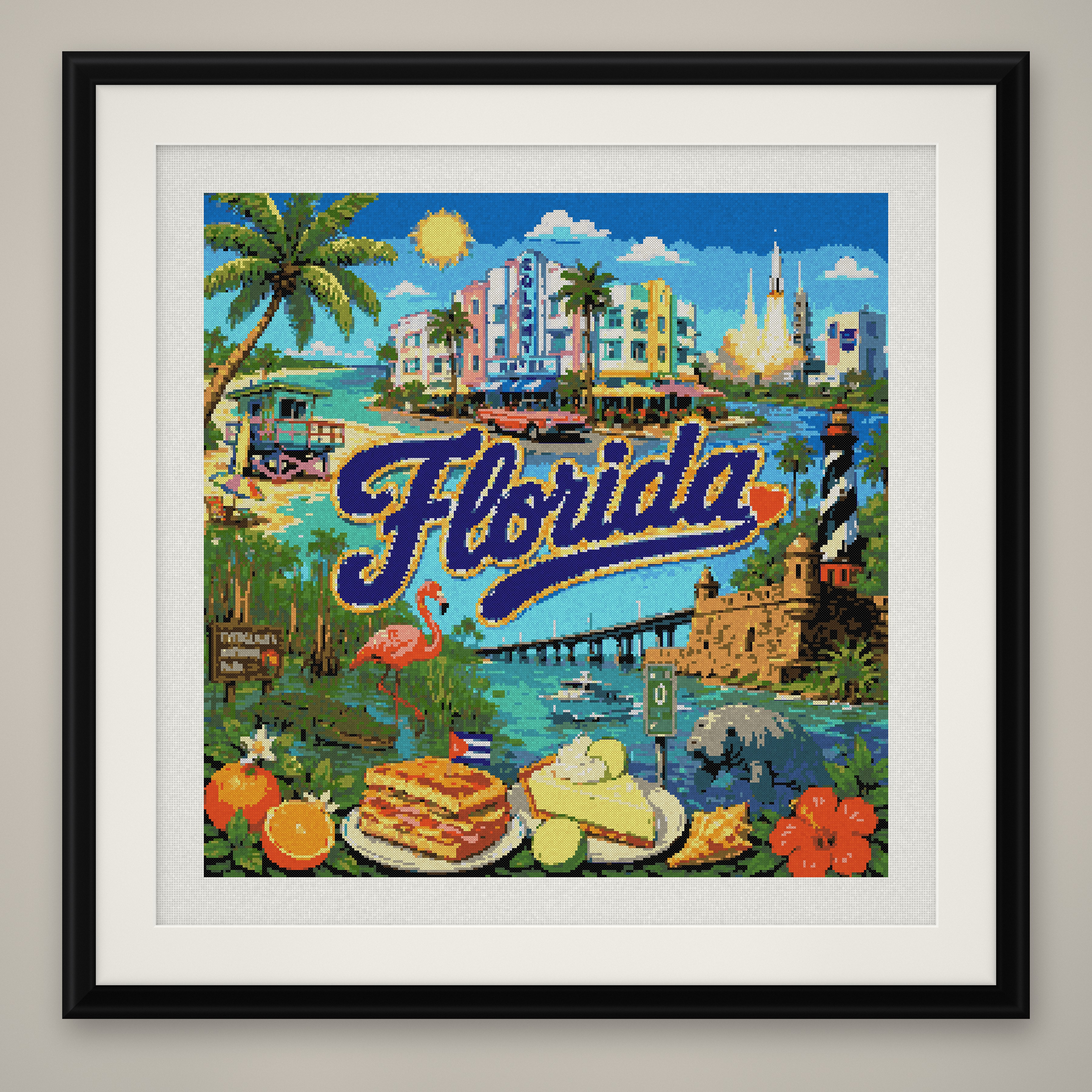 Florida State Cross Stitch Pattern, Miami Beach Travel Souvenir PDF