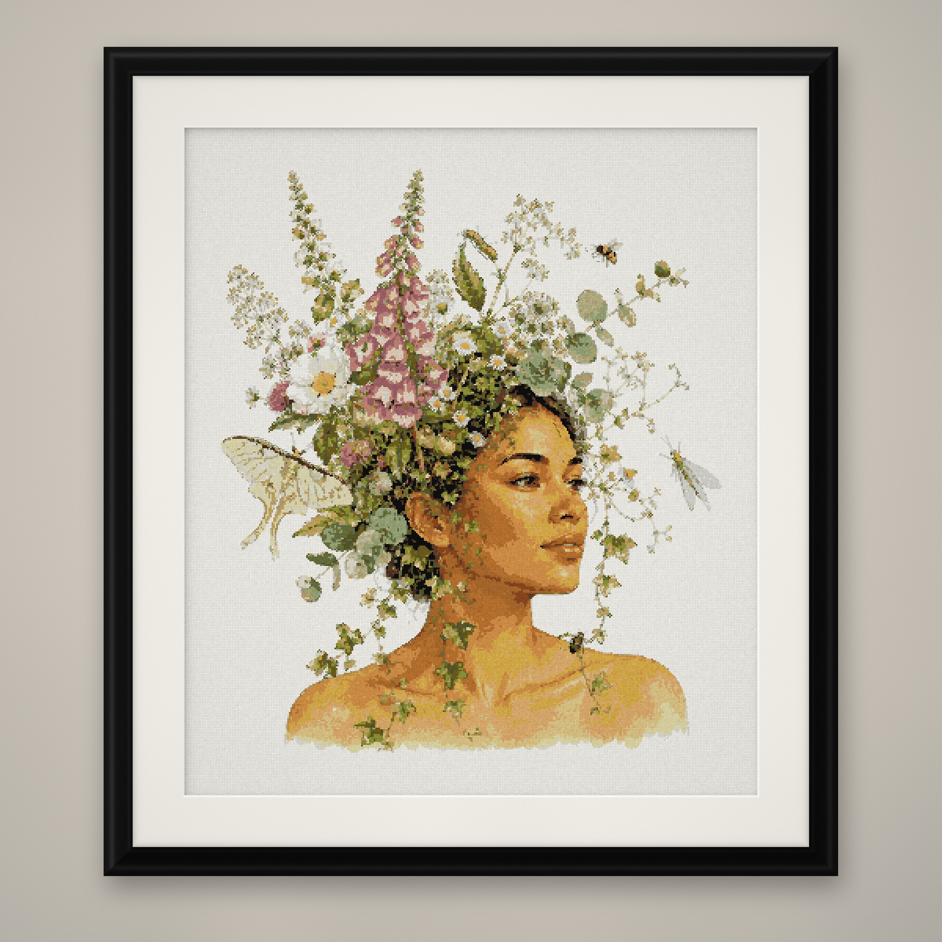 Flower Hair Woman Cross Stitch Pattern, Floral Portrait Fantasy PDF