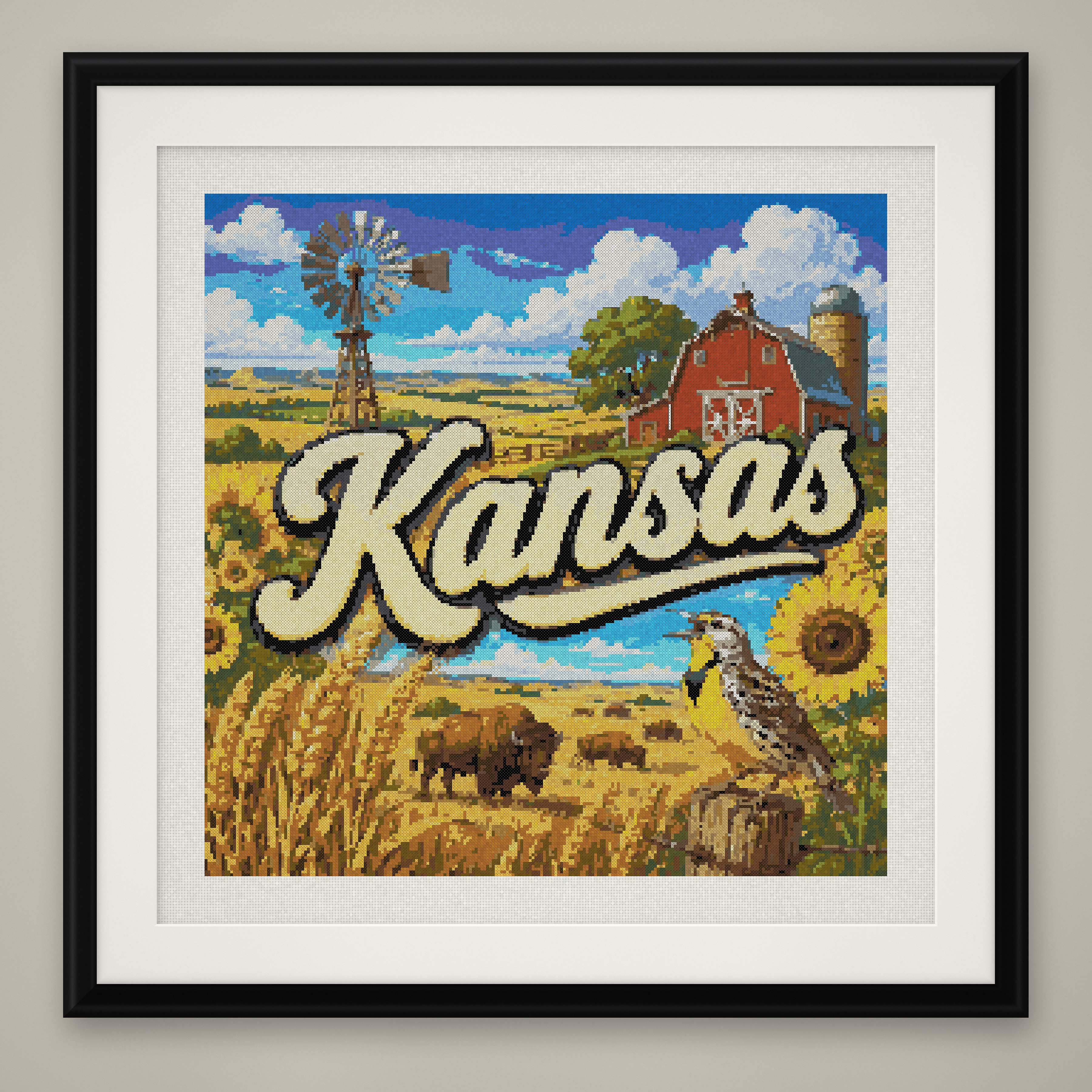 Kansas State Cross Stitch Pattern, Vintage Travel Poster Souvenir PDF