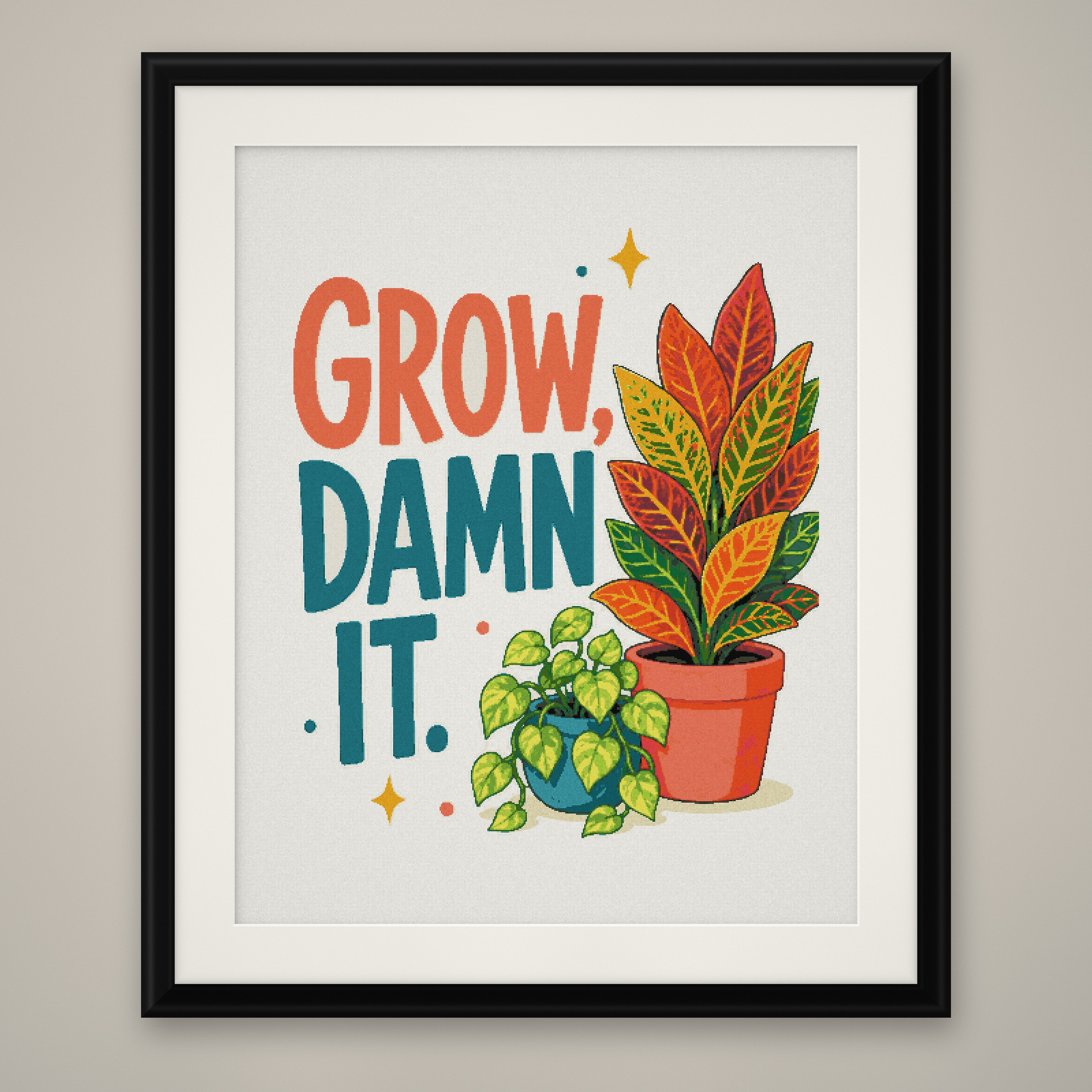 Grow Cross Stitch Pattern, Funny Colorful Plant Pun Wall Art PDF