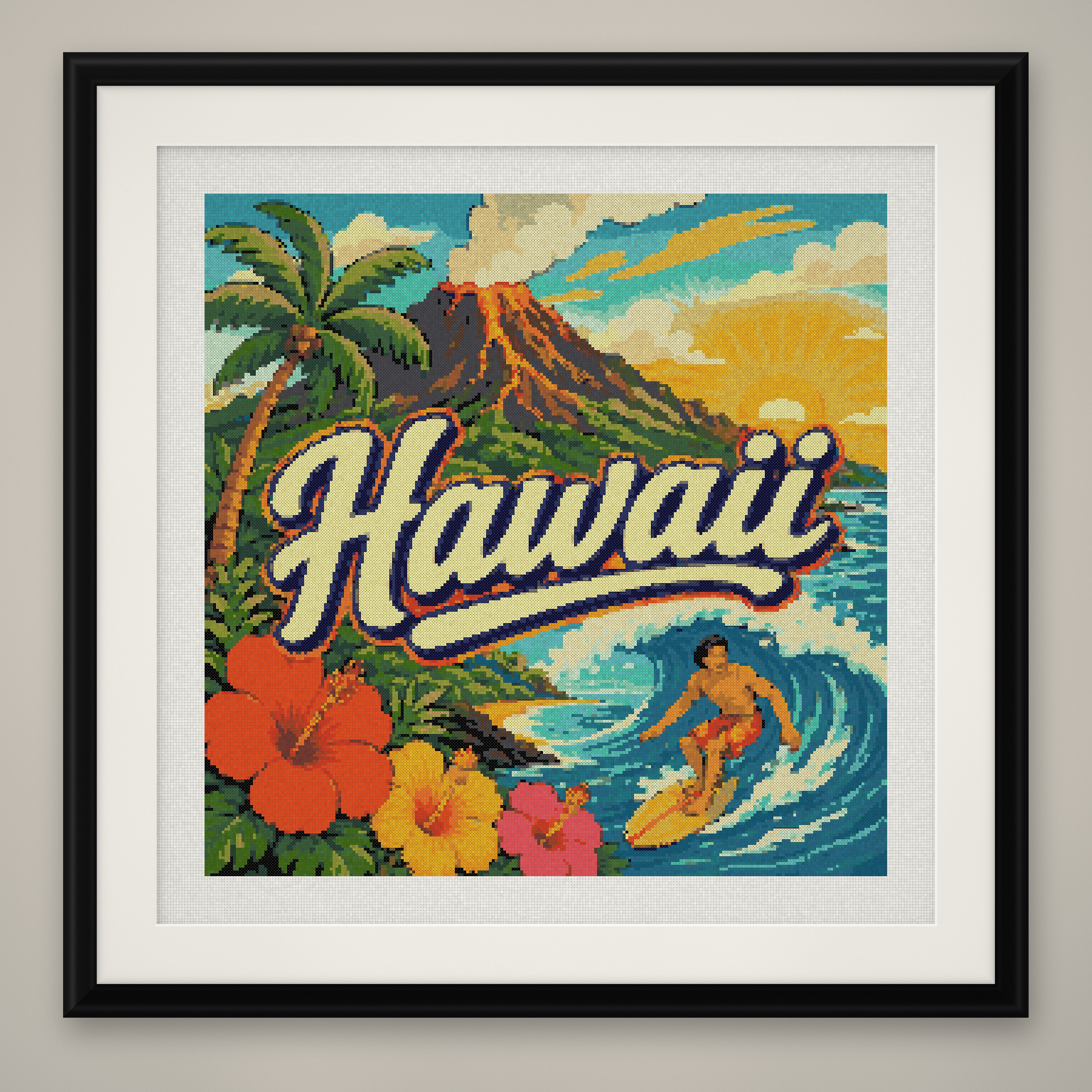 Hawaii State Cross Stitch Pattern, Vintage Travel Poster Souvenir PDF