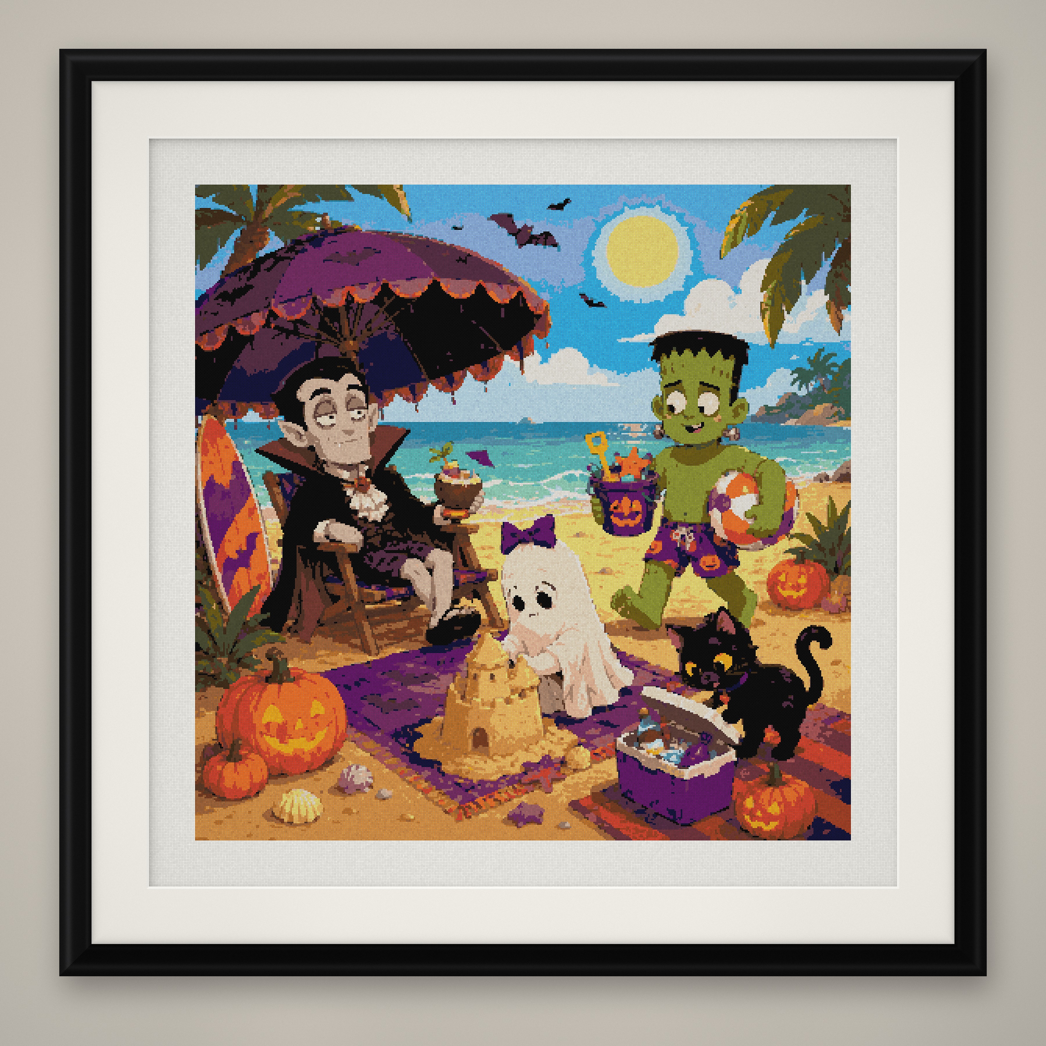 Monster Beach Cross Stitch Pattern, Summer Halloween PDF