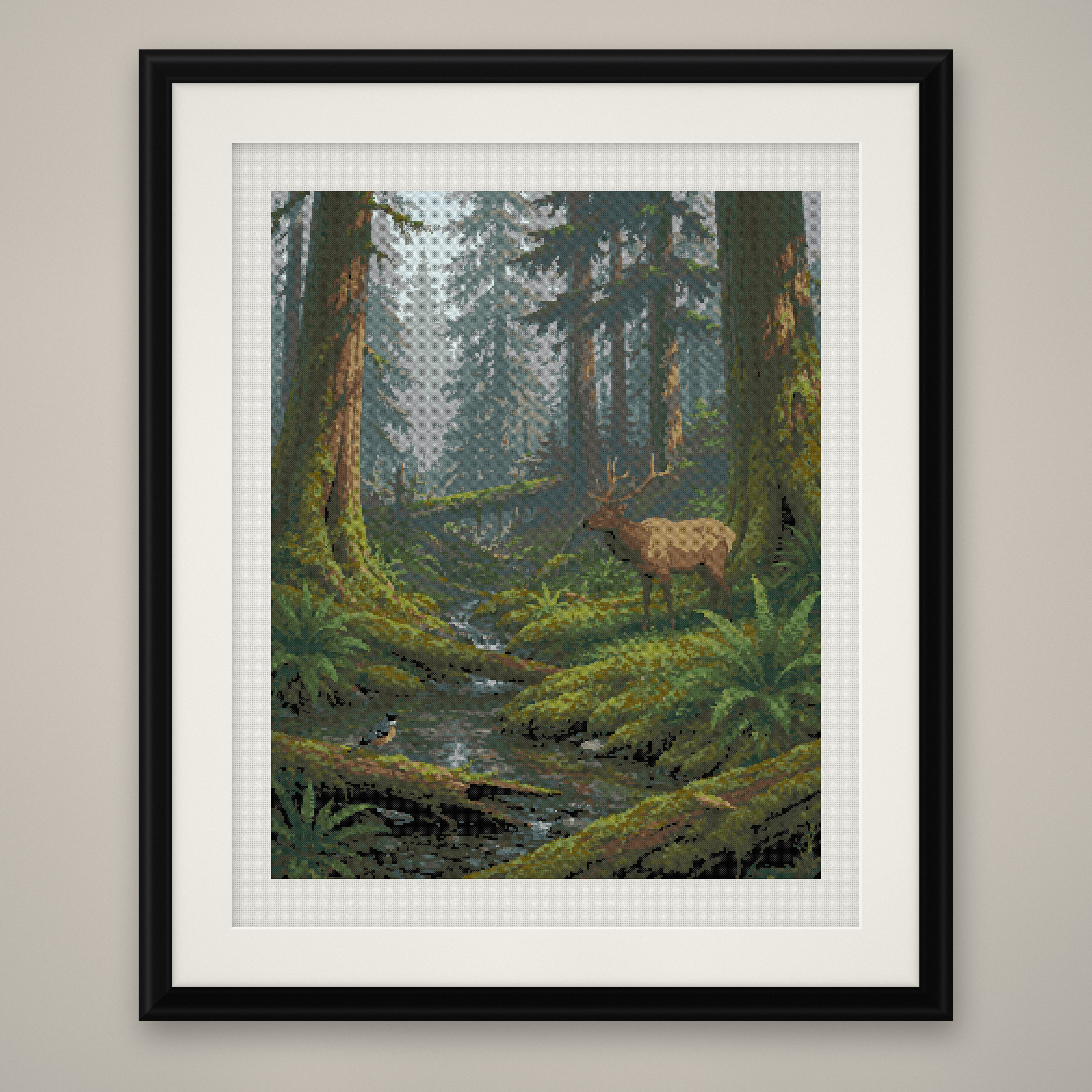 Forest Elk Cross Stitch Pattern, Misty Woodland Stream Wildlife PDF